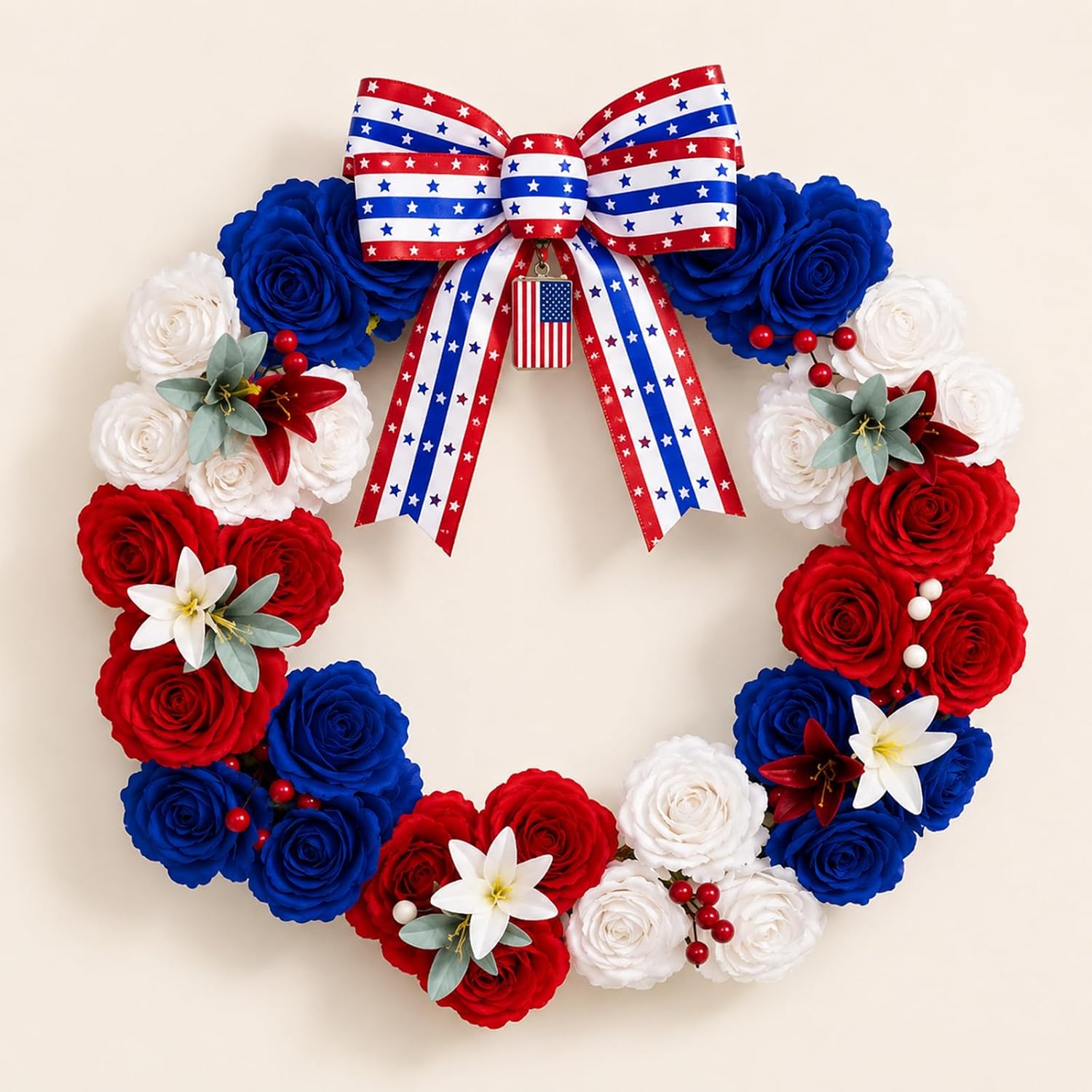 250th Anniversary Lighted Patriotic Wreath for Front Door 22 Inch 4th of July Artificial Red White and Blue Rose Wreath with Oversized Bow American Flag Wreaths for Memorial Day Independence Day Decor