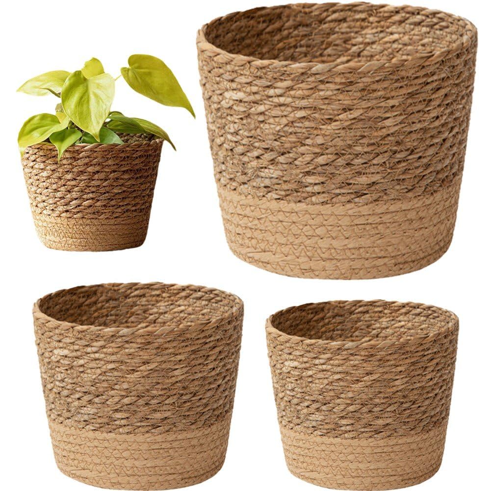 Conteneurs de plantes en paille pour cacher les pots de fleurs en plastique disgracieux