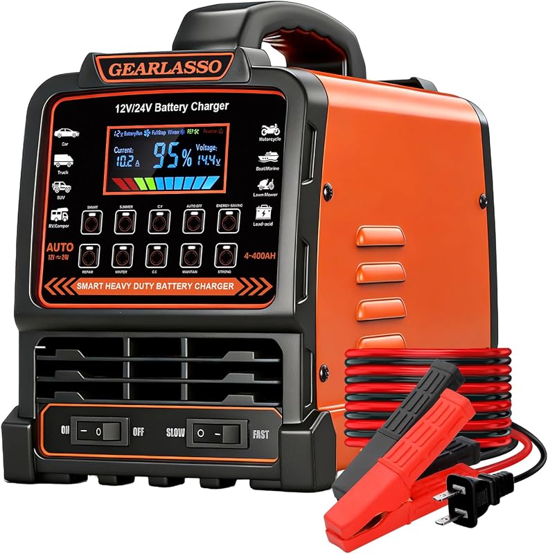 Carregador de Bateria Automotiva GEARLASSO 12 V/24 V, 15 A, Automático com 10 Modos e Mantenedor