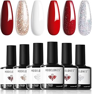 Red Gel Nail Polish Set 6 Colors, 2026 Easter White Glitter Sparkle Bright Burgundy Dark Rose Champagne Silver Candy Cane Nail Polish Kit Soak Off Nail Art Salon DIY Gift Women