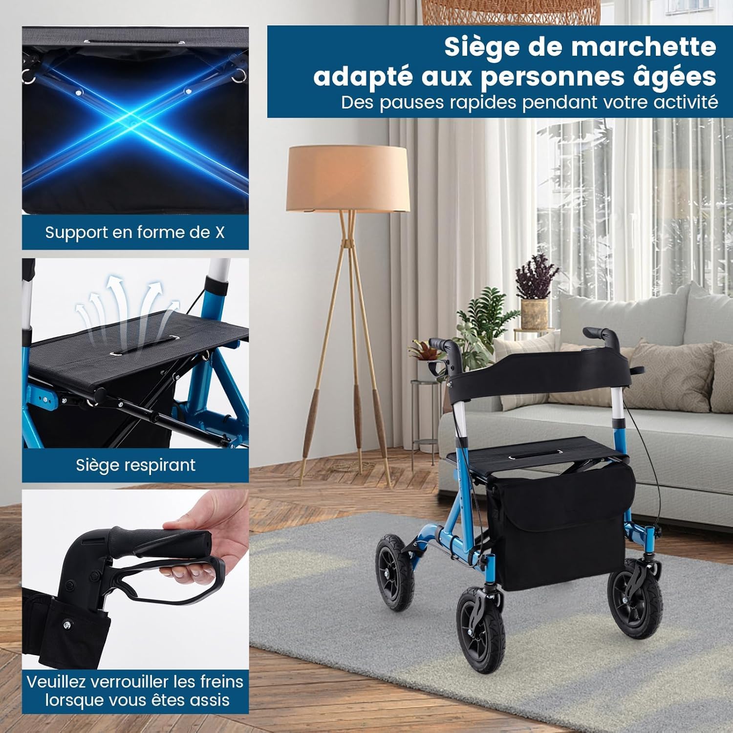RELAX4LIFE Andador 4 Ruedas Plegable Ligero Aluminio, Rollator con Ruedas Todoterreno, Altura Ajustable 81-94 CM, Asiento, Bolsa, Soporte para Caminar para Edad Discapacitados