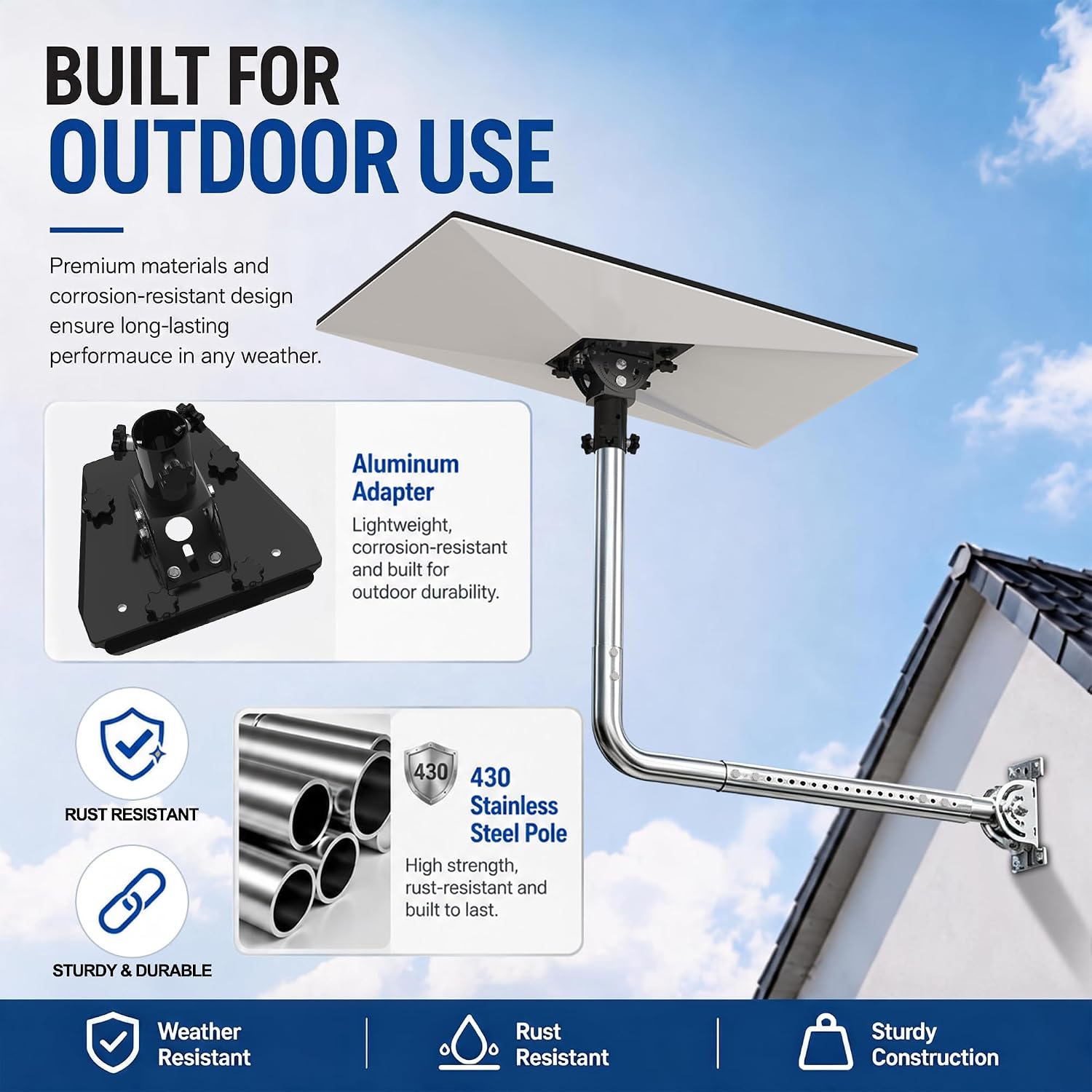 Star Link Gen 3 Roof/Wall Mount, Adjustable Length 430 Stainless Steel Pole with Adjustable Tilt Aluminum Alloy Pipe Adapter, Compatible with Starlink Gen 3/Standard 4/Standard 4X Dish