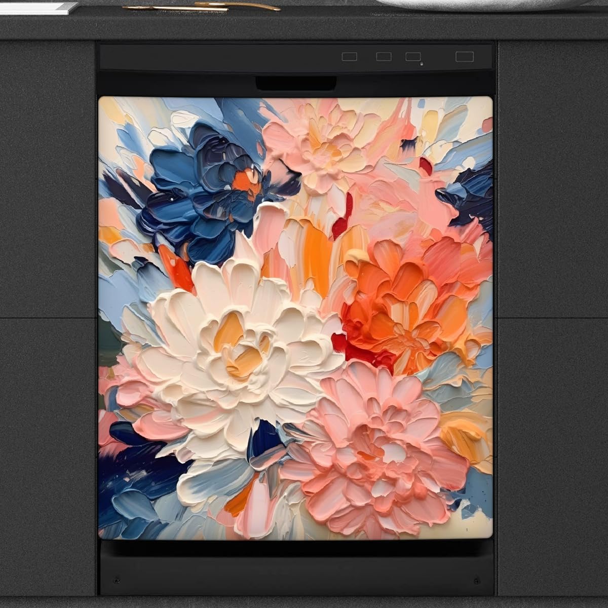 Dishwasher Covers Refrigerator Magnetic Panel Decals Oil Painting Art Chrysanthemum Magnetic Sheet Sticker Wash Machine Fridge Panel Decal for Home Kitchen Decoration