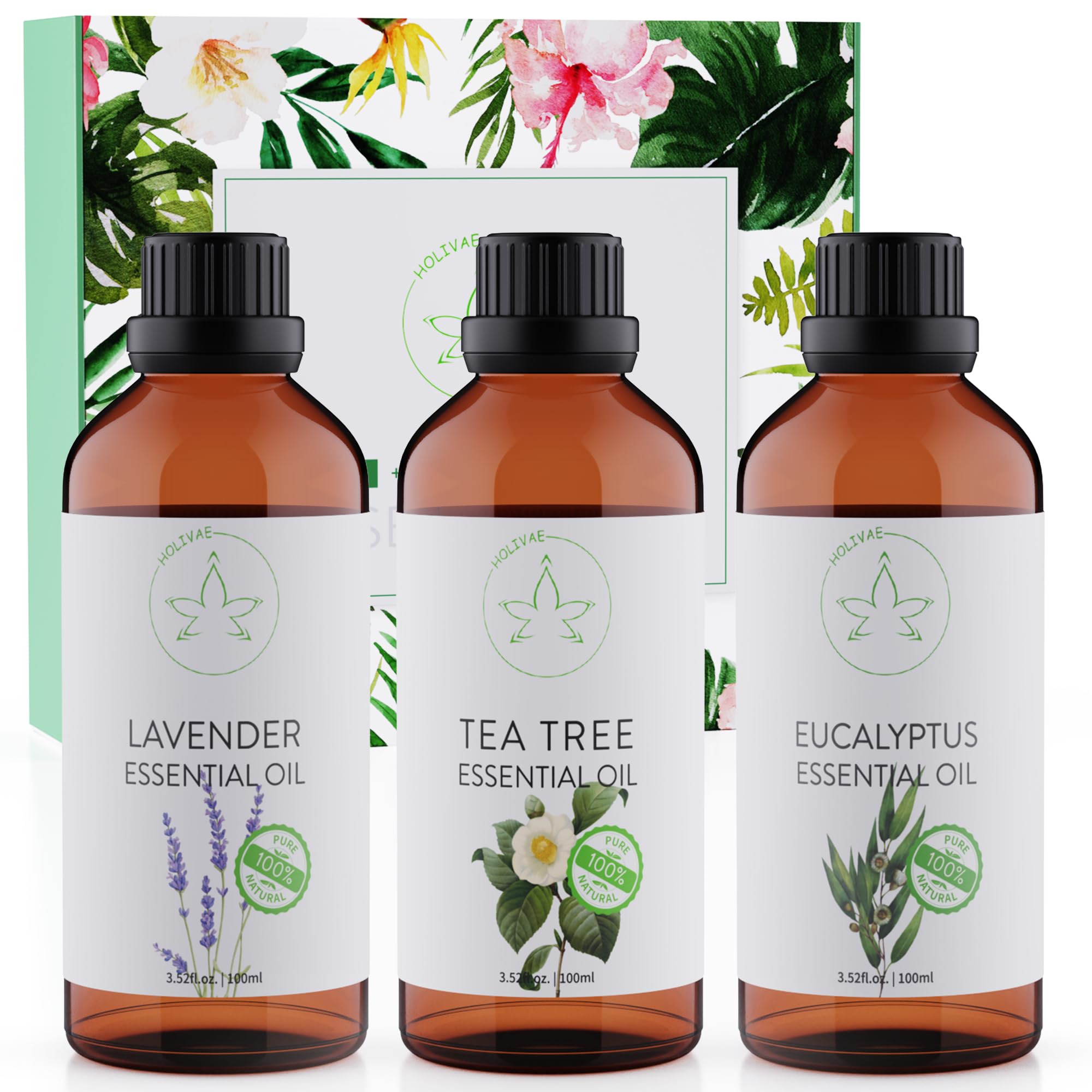 HOLIVAE Aceites Esenciales Naturales 100% Puros 3x100ml, Aceites Esenciales Para Humidificador, Difusor, Uso Corporal Y Aromaterapia - Aromas De Lavanda, Eucalipto Y Árbol De Te - Esencias Aromáticas