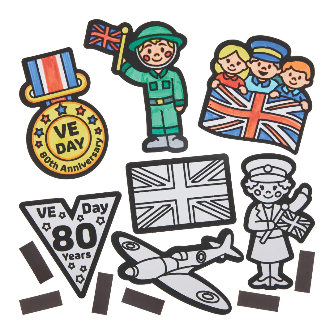 Baker Ross FN544 VE Day Colour-in Fuzzy Art Magnets - Pack of 16, VE Day for Kids VE Day 80th Anniversary