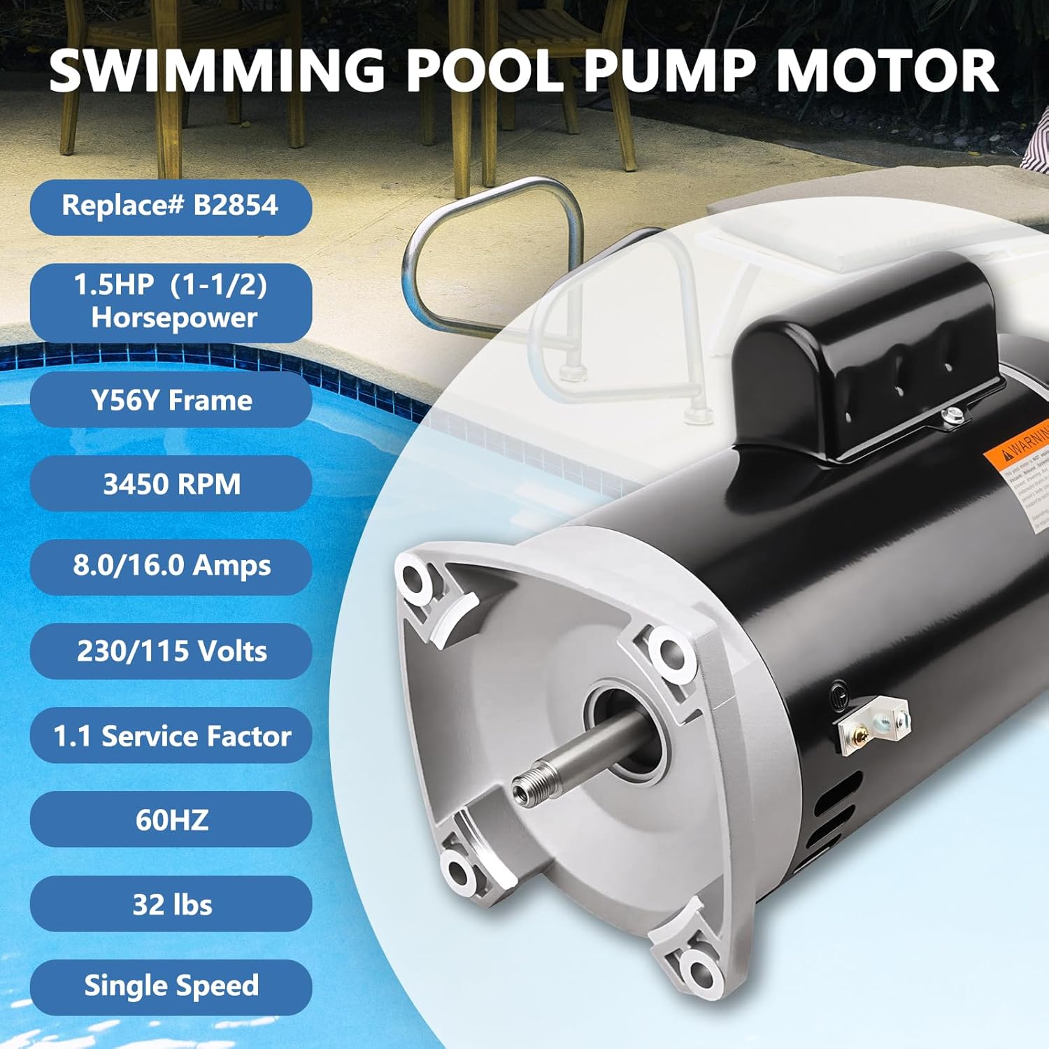 RAMATA B2854 Pool Pump Motor 1.5 HP, Compatible with Century B2854/B854 & Pentair WhisperFlo/Challenger/Pinnacle, 3450 RPM, 115/230V, 56Y Frame, Square Flange Replacement Motor for Swimming Pool Pumps
