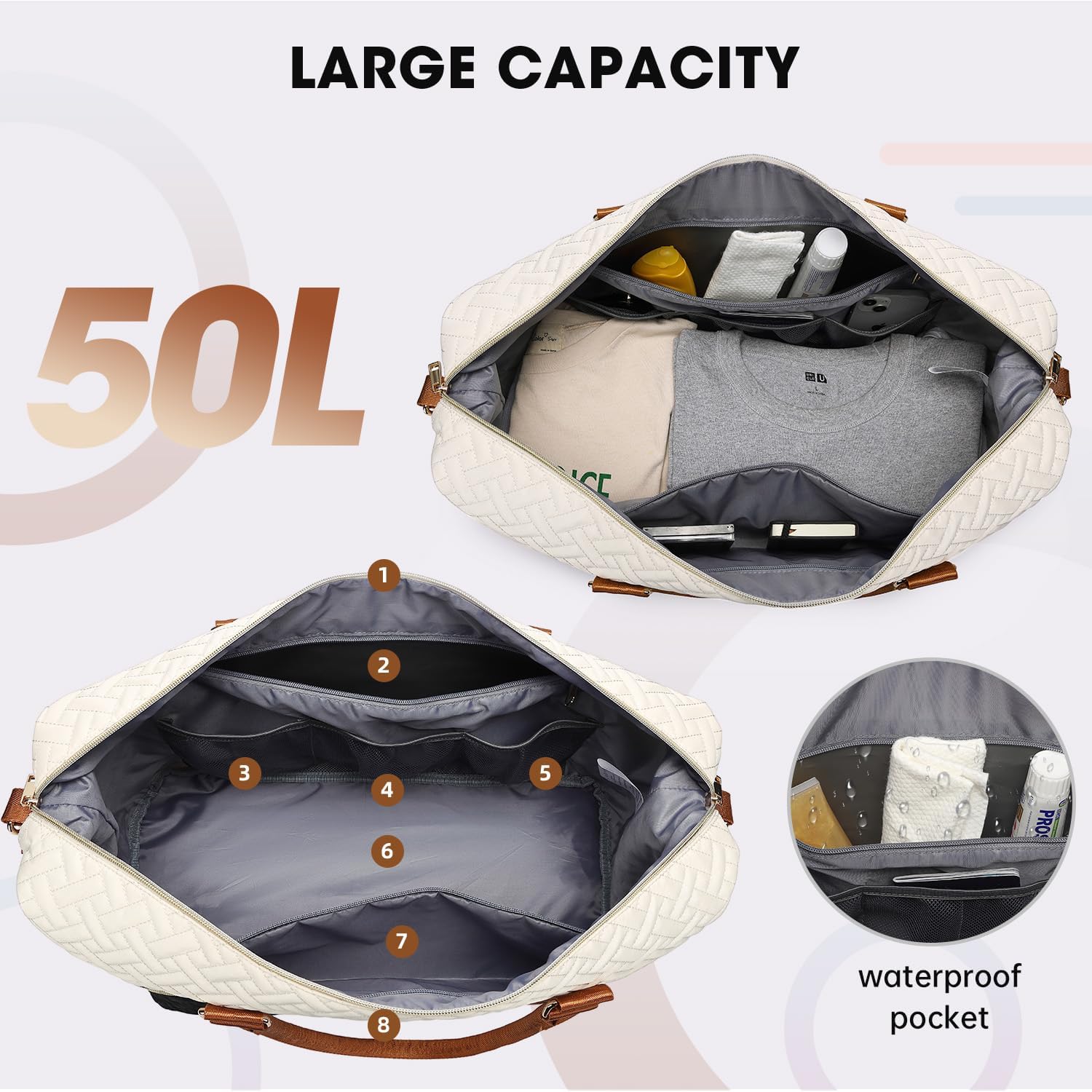 Duffle Bags for women,50L Quilted Travel Weekender Bag with Shoe Compartment, Large Carry On Overnight Tote Gym Bag