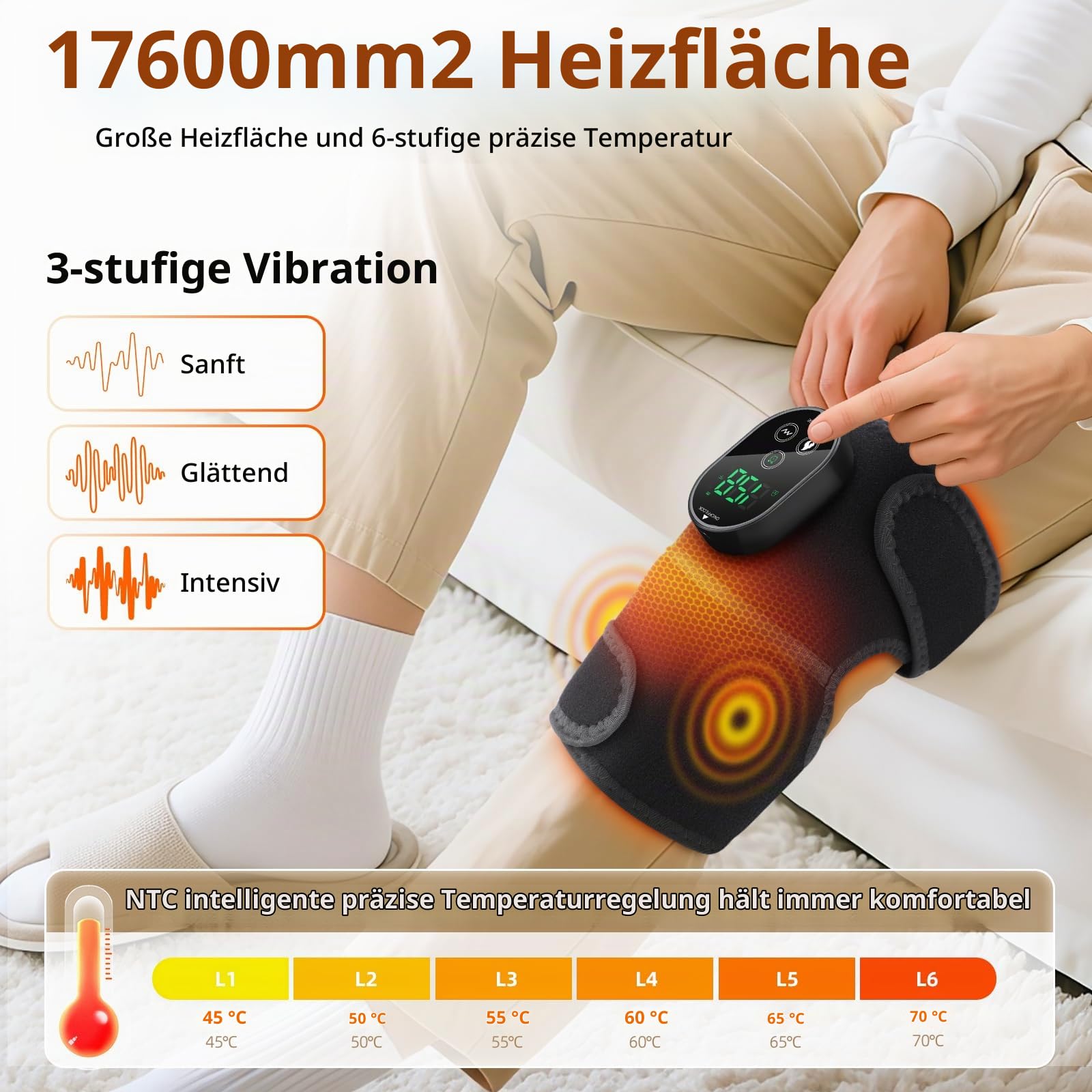 Knie Massagegerät Kabelloser mit 3 Vibration 6 Heizstufen 3 Timer Schwarz