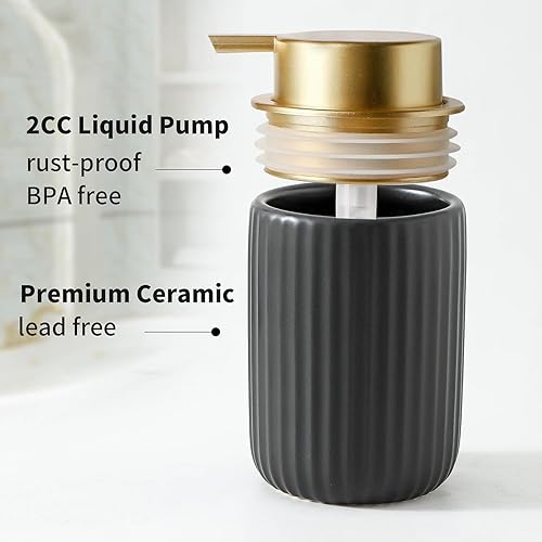 Miniatura 5 de Dispensador de jabón de cerámica de 13 onzas para cocina y baño, dispensador negro con bomba dorada de fácil prensa, dispensador de jabón líquido