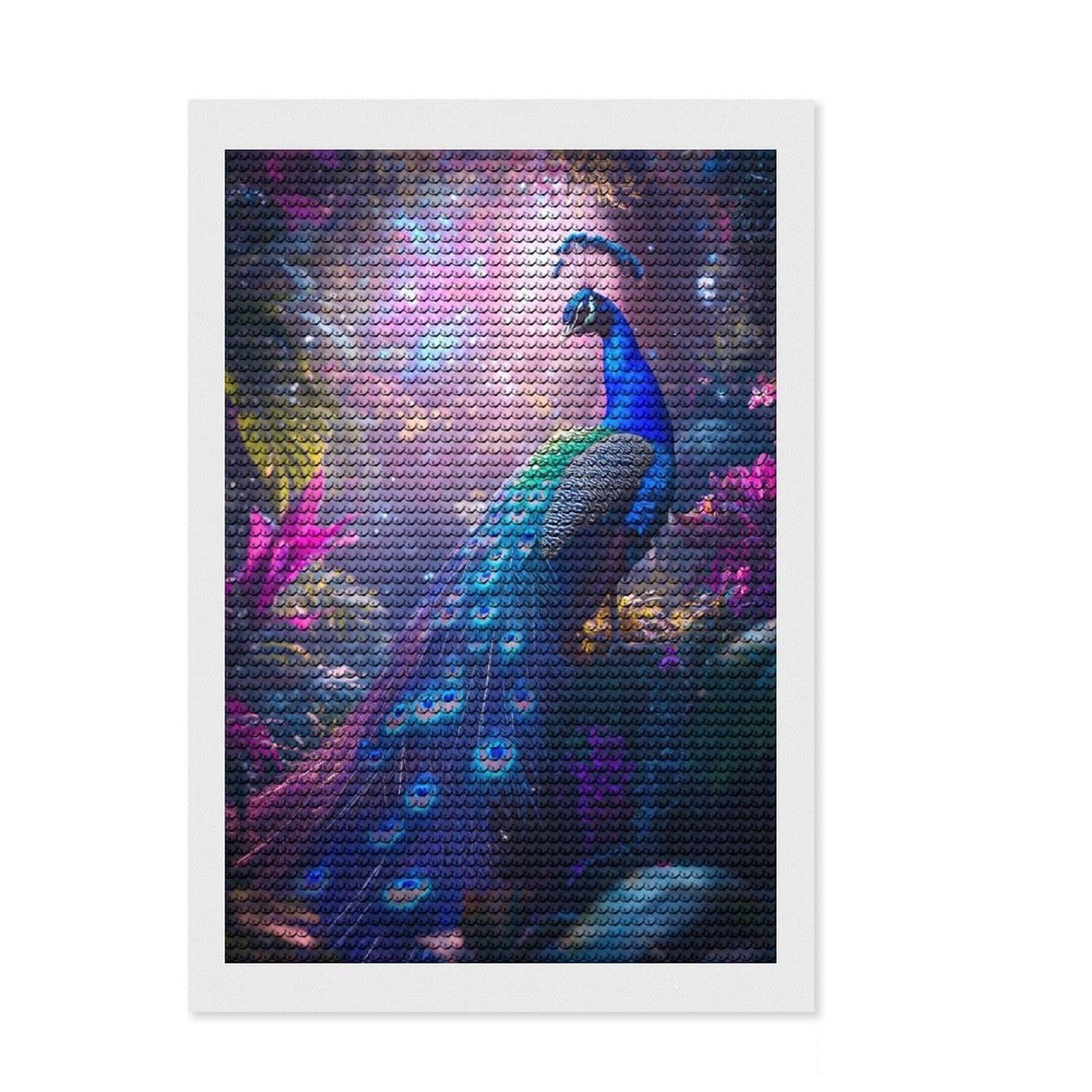 Junmoney Peacock in Enchanted Forest Diamond Painting Canvas Set 8"x12", Creative Leisure Activity, Vintage Style Decor, for Beginners, Birthday Gift