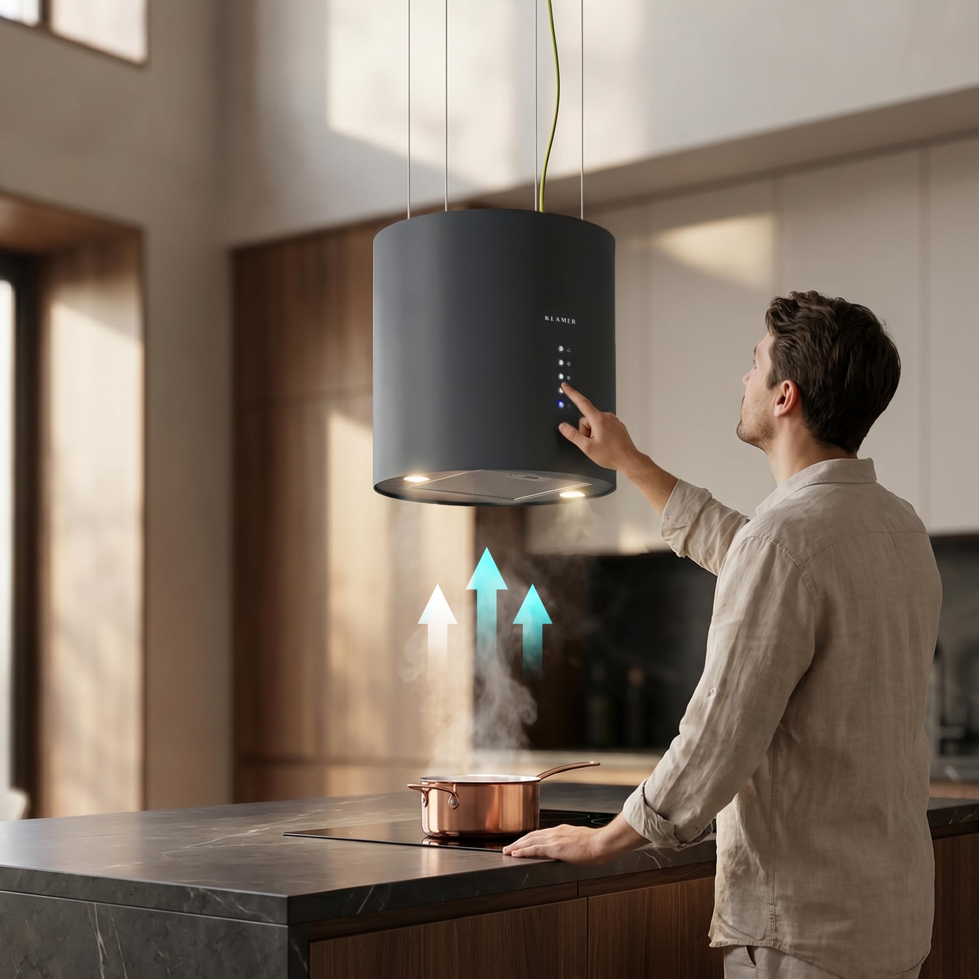 Klamer Inselabzugshaube Schwarz 536 m³/h Dunstabzugshaube Freihängend Umluft & Abluft A++ 3 Stufen LED