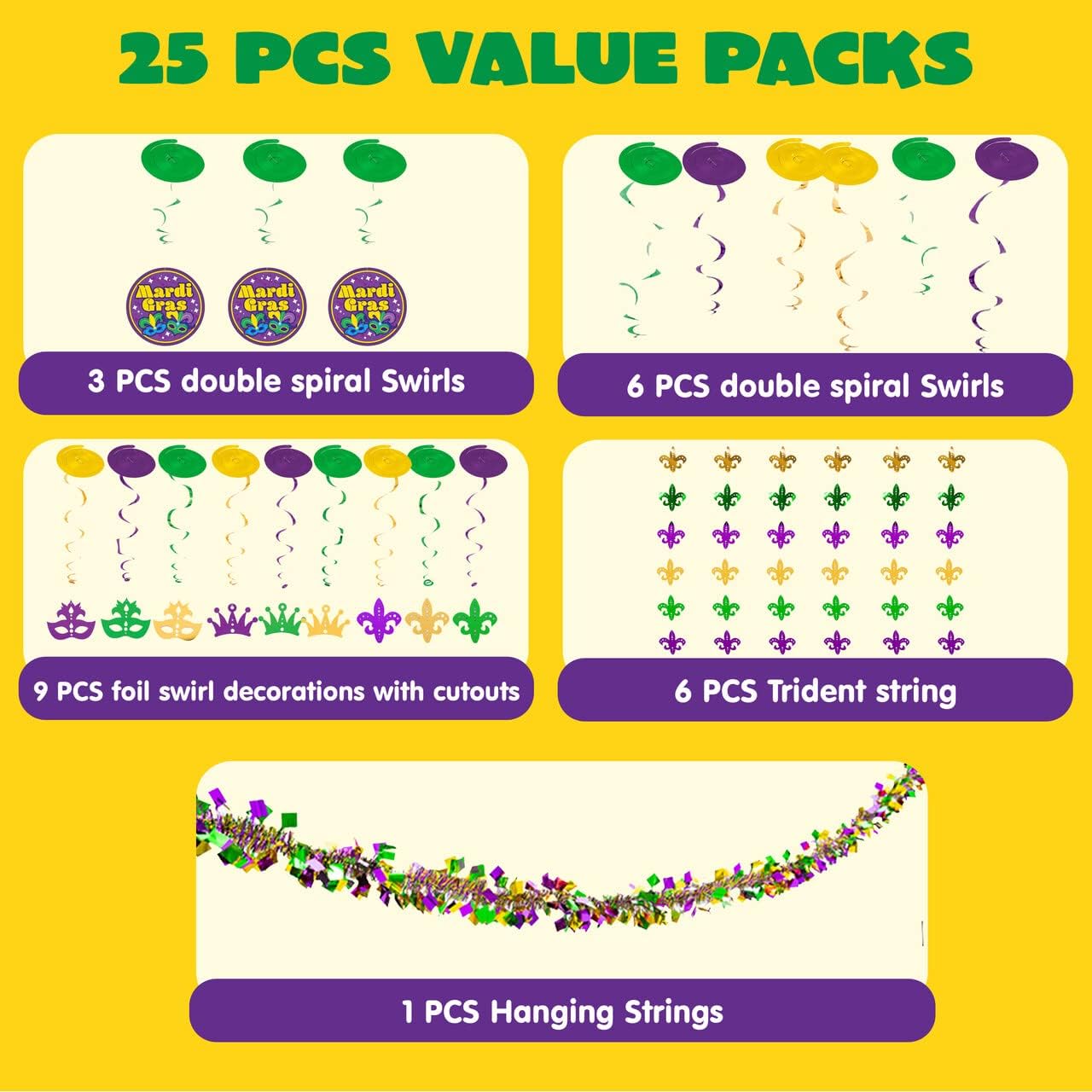 JOYIN 25 PCS Assorted Mardi Gras-themed Set with 24 Hanging Swirls and 1 Strings with Garland Party Decorations Supplies