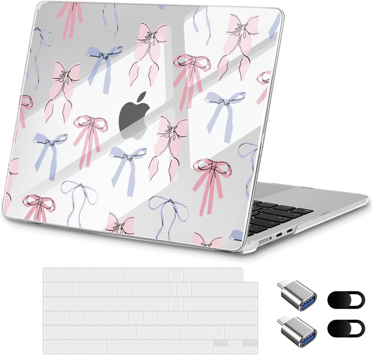 for New MacBook Air 13 inch Case 2026 M5 2025 M4 2024 M3 M2 Chip– Aesthetic Lightweight Cute Design Clear Hard Shell 6-in-1 Bundle with TPU Keyboard Cover & 2X OTG Adapters, Pink Bow
