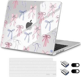 for New MacBook Air 13 inch Case 2026 M5 2025 M4 2024 M3 M2 Chip Aesthetic Lightweight Cute Design Clear Hard Shell 6-in-1 Bundle with TPU Keyboard Cover & 2X OTG Adapters, Pink Bow