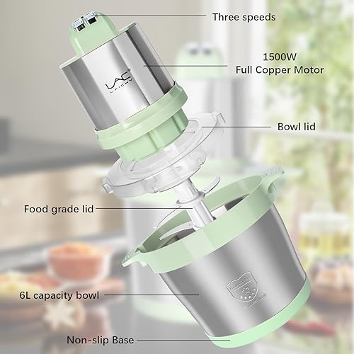 Miniatura 5 de Procesadores de alimentos de gran capacidad para 24 tazas, picadora de carne y verduras con cuenco de acero inoxidable, 3 velocidades, 4 cuchillas