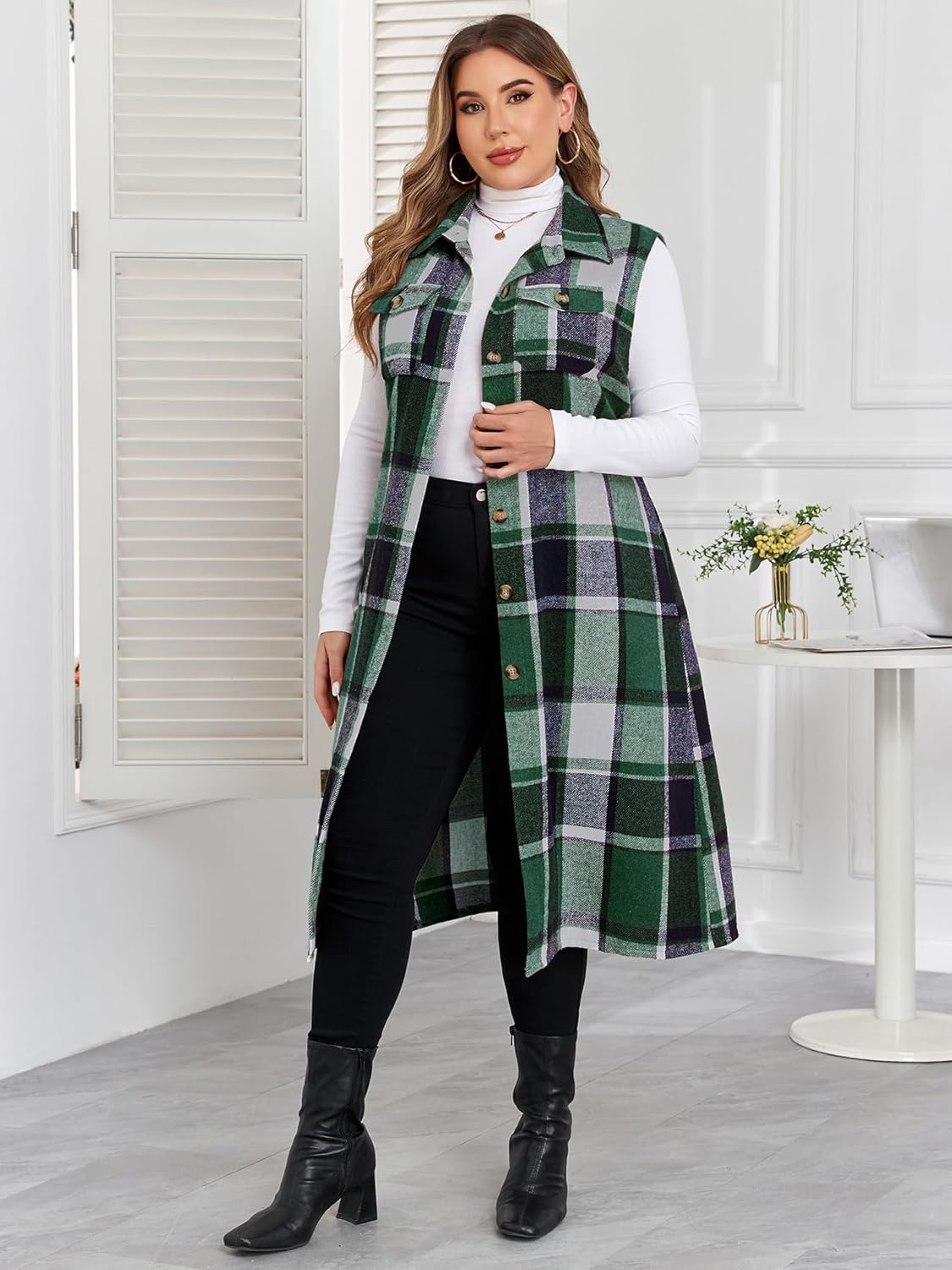 ZOMVA Plus Size 1X-5X Flannel Plaid Long Midi Vest with Pockets Button Down Sleeveless Shacket Coats Fall Outfits Jackets - Image 4