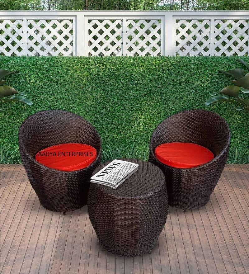 Rattan India Patio Seating 2 Chair and 1 Table Set Furniture Set for Balcony Outdoor Patio Indoor Living Room, Powder Coated Frame Uv Protected Wicker (Black/RED Apple)-image-46
