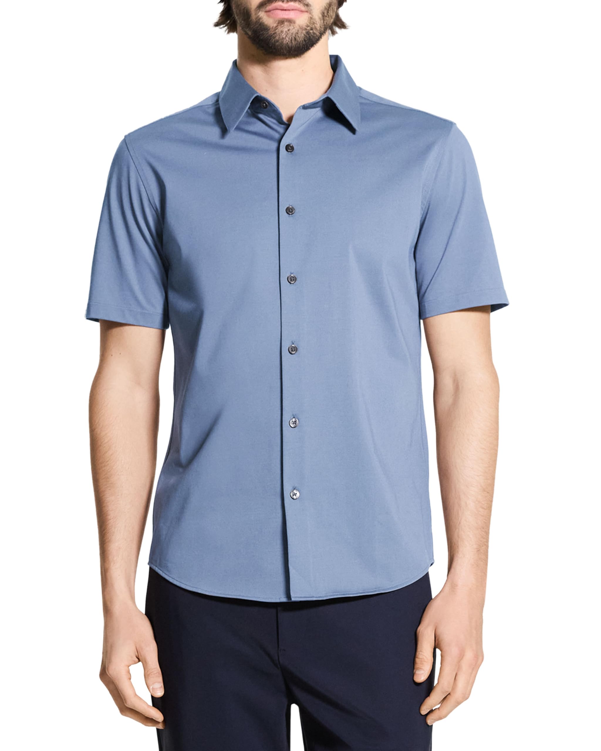 Photo 1 of Theory Men's Irving Short Sleeve Button Down Woven in Structure Knit, Dark Rainstorm, Medium