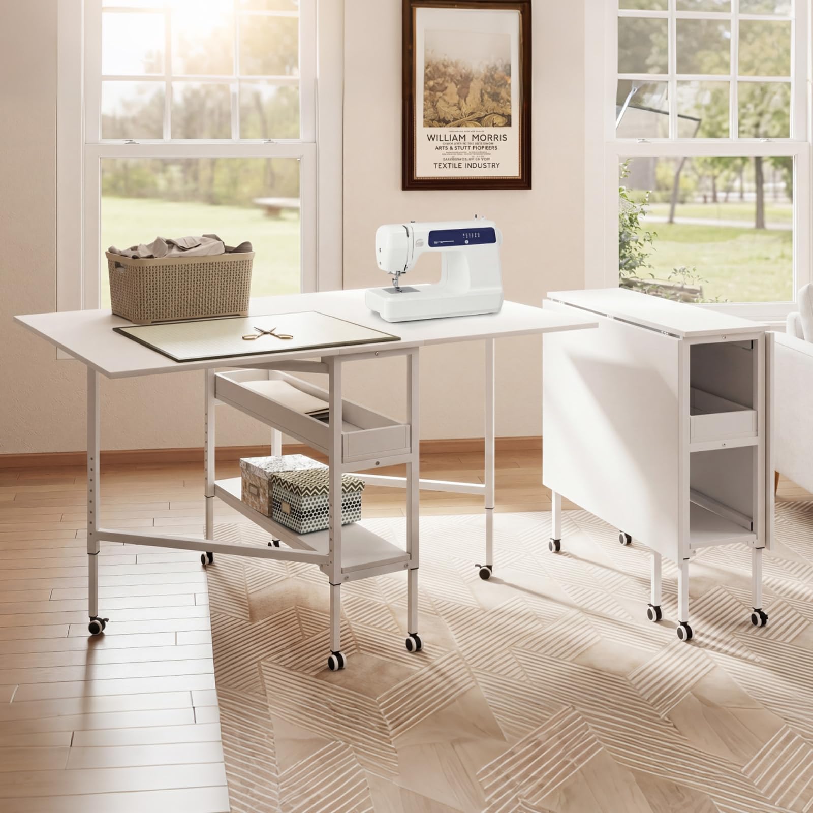 Levede Folding Adjustable Sewing Table, Height 84-102cm, Mobile Casters with Brakes, Sturdy Steel Frame, Extra Storage Shelves, Reinforced Hinges, Versatile Craft & Home Office Desk