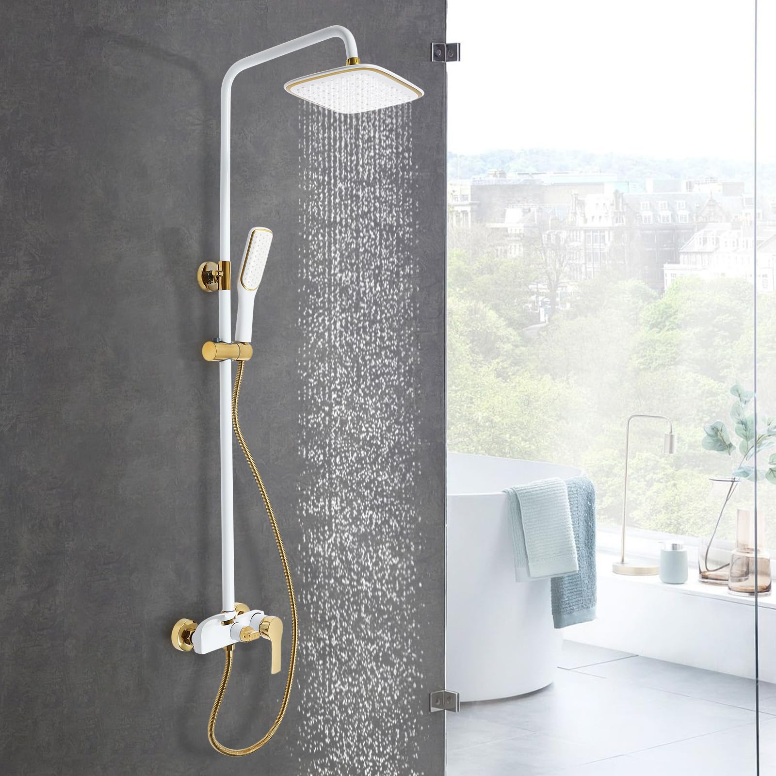 Sistema doccia con soffione e doccetta, set completo, asta doccia regolabile in altezza 85-125 cm, sistema doccia bianco oro, 3 uscite dell'acqua con attacco G1/2, per bagno