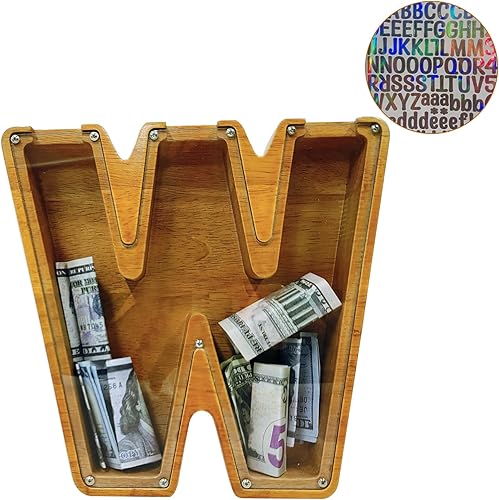 Miniatura 95 de Alcancía para niños y niñas, alcancía grande de madera personalizada con diseño recortado, bancos de monedas con letras del alfabeto, caja de ahorro