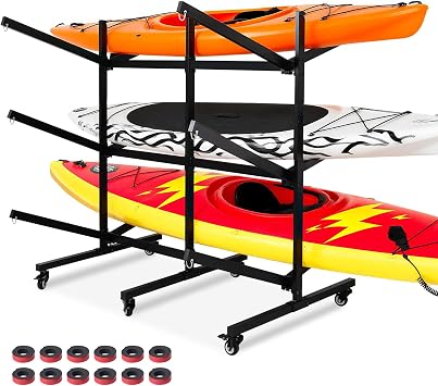 Kayak Storage Rack, Kayak Rack Pro for 6 Kayaks Stand, Canoe, SUP & Surfboard with Adjustable Width, Movable Wheels, Padded Arms for Indoor/Outdoor/Garage Storage