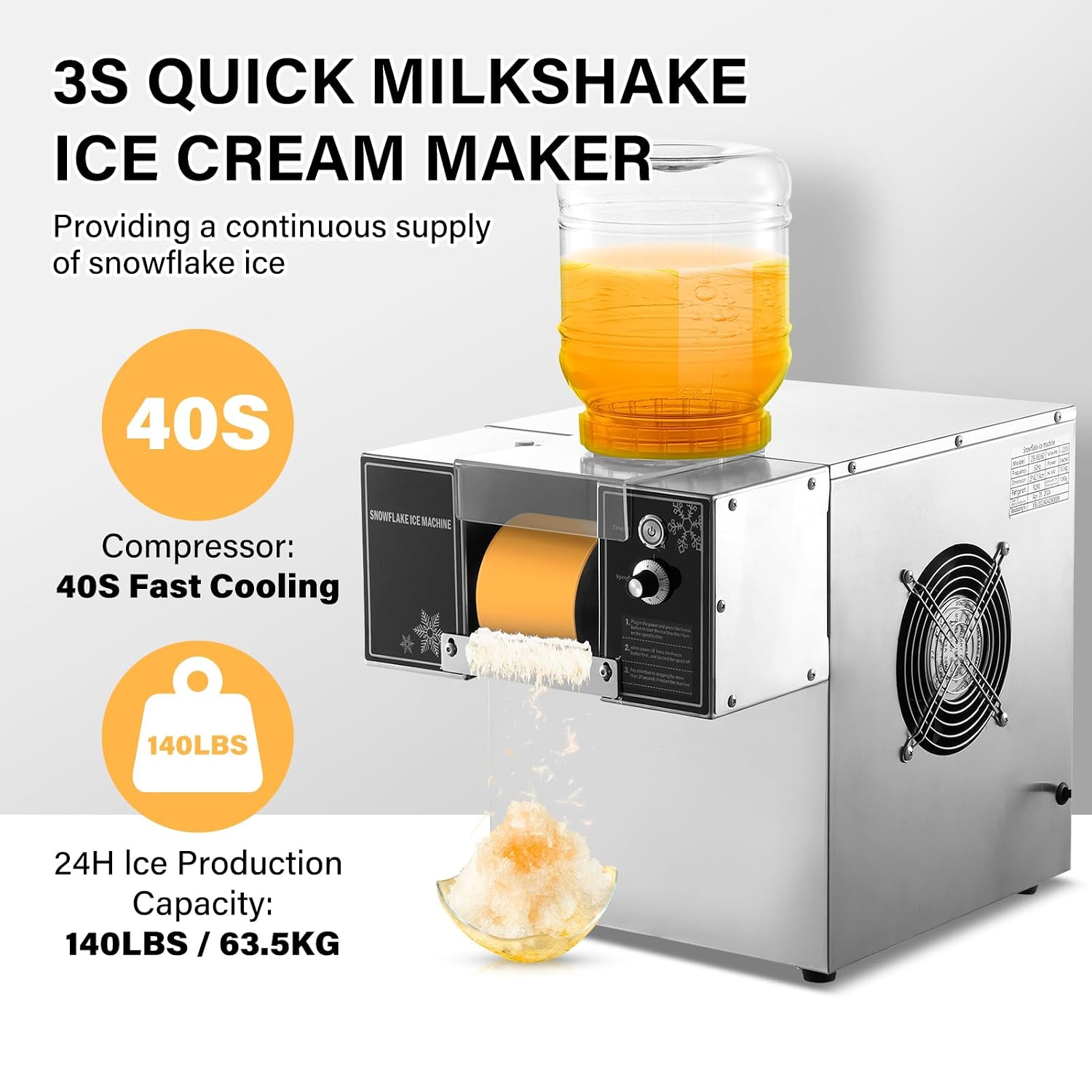 Snowflake Ice Machine Commercial, 140lbs/24H 360W Shaved Ice Machine, Rapid Cooling Food-Grade Stainless Steel Material Snowflake Ice Maker Suitable for Party Commercial Use
