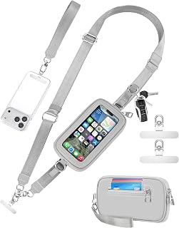 SHANSHUI Crossbody Phone Lanyard with Wallet, Adjustable Neck Lanyard, Detachable Wristlet Wallet with Zipper Phone Screen ID Window, 2x Tether Tabs Compatibe for iPhone & Most Cellphones Gray