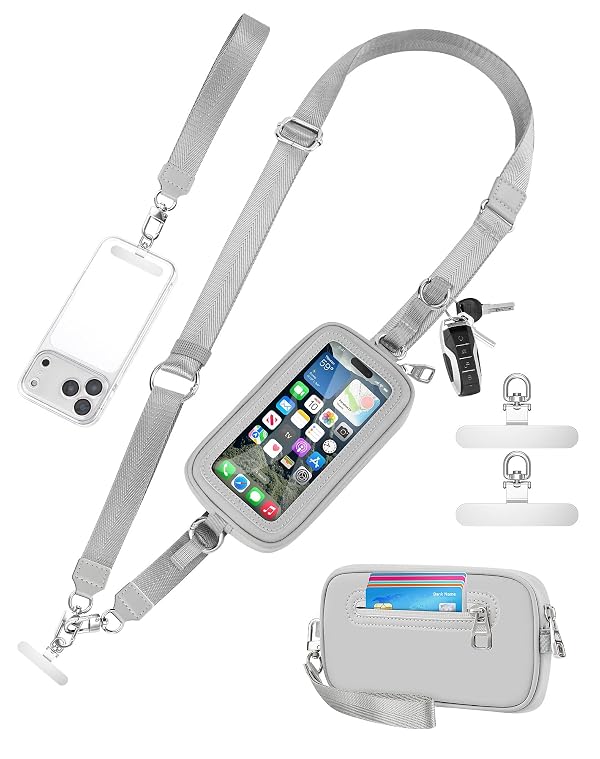 SHANSHUI Clip and Go Strap for Phone with Wallet Crossbody Lanyard, Detachable Wristlet Strap with Zipper ID Window Credit Card Pocket, 2 Pcs Tether Tabs Compatibe for iPhone & Most Smartphones Gray by SHANSHUI - Used condition - US$17.46
