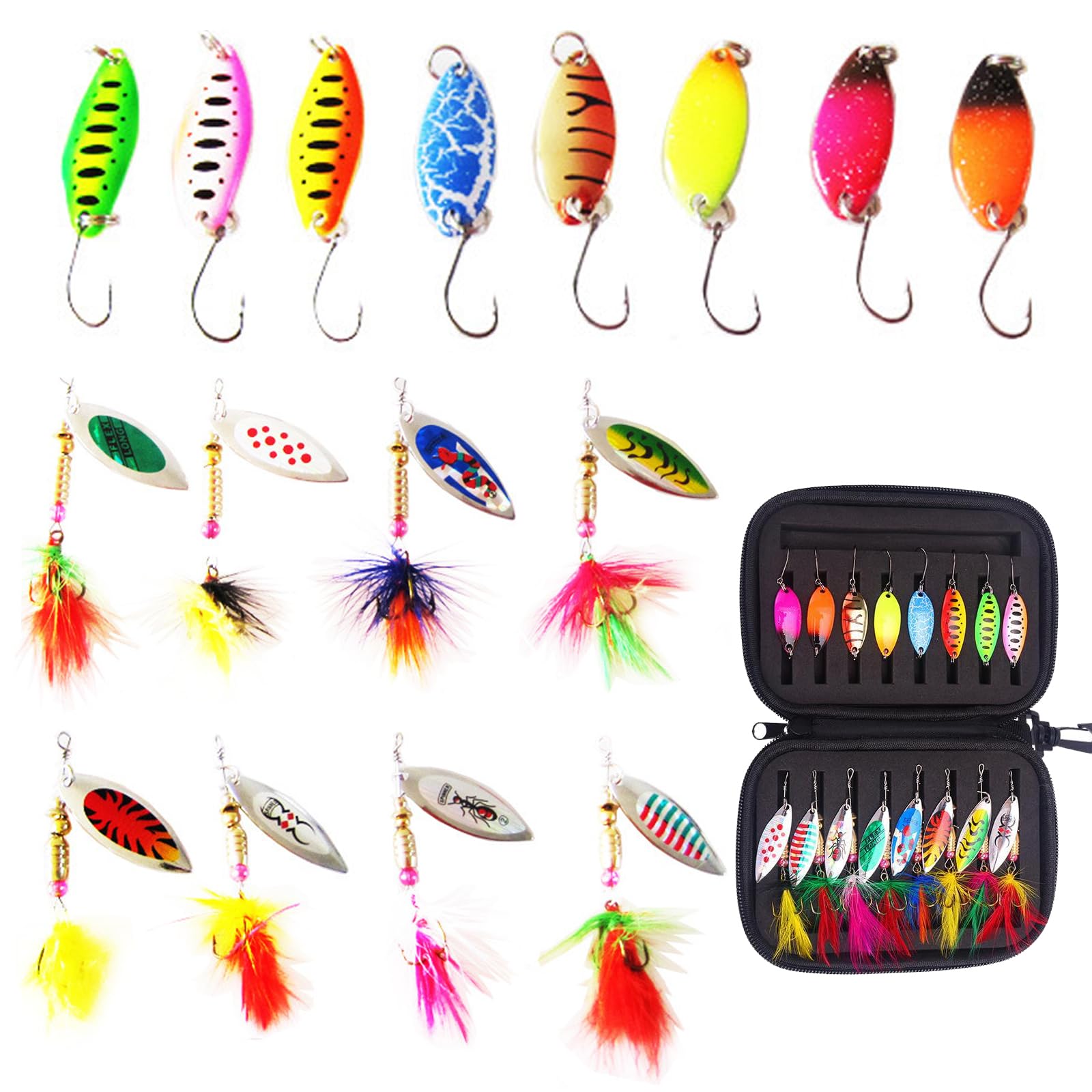 16Pc Trout Spoon Set with Tackle Storage Box, Fishing Lures Kit 3g/3.5g/5.6g, Bass Artificial Bait Spinner Kits with Swivel, Universal Topwater Fish Lure Soft Baits for Mackerel Cod Pike Walleye Perch