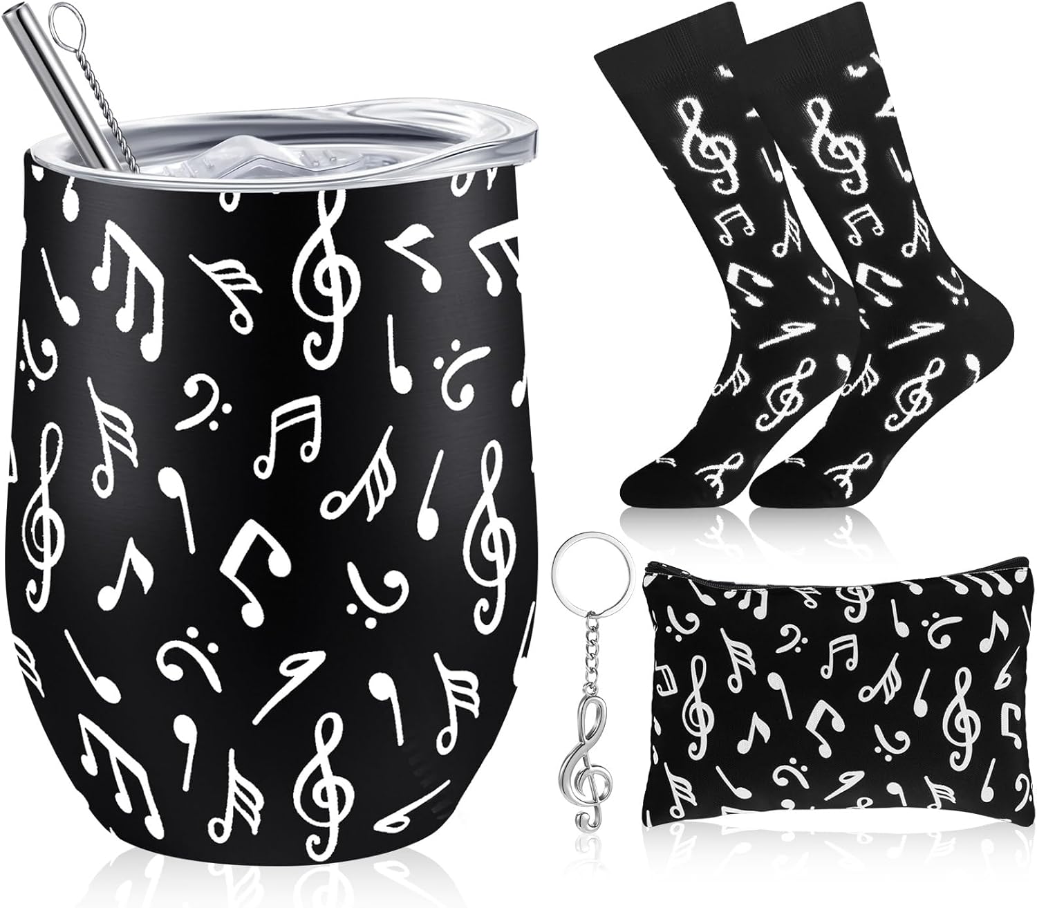 Sliner 4 Pcs Music Lover Gifts for Women Men Valentine's Day Music Teacher Gifts Musical Note Wine Tumbler Socks Makeup Bags Keychains for Choir Marching Band Musicians Singers Accessories (Black)