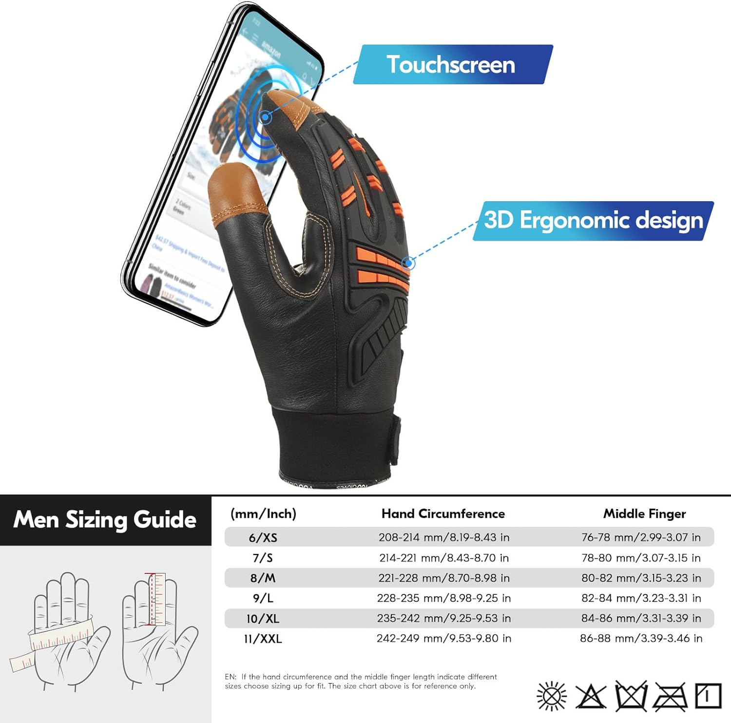 Vgo... -4℉ or above Winter Waterproof High Dexterity Heavy Duty Mechanic Glove, Anti-vibration, Anti-abrasion, Touchscreen (1 Pair,XL,Orange,GA8954FW) - Image 6