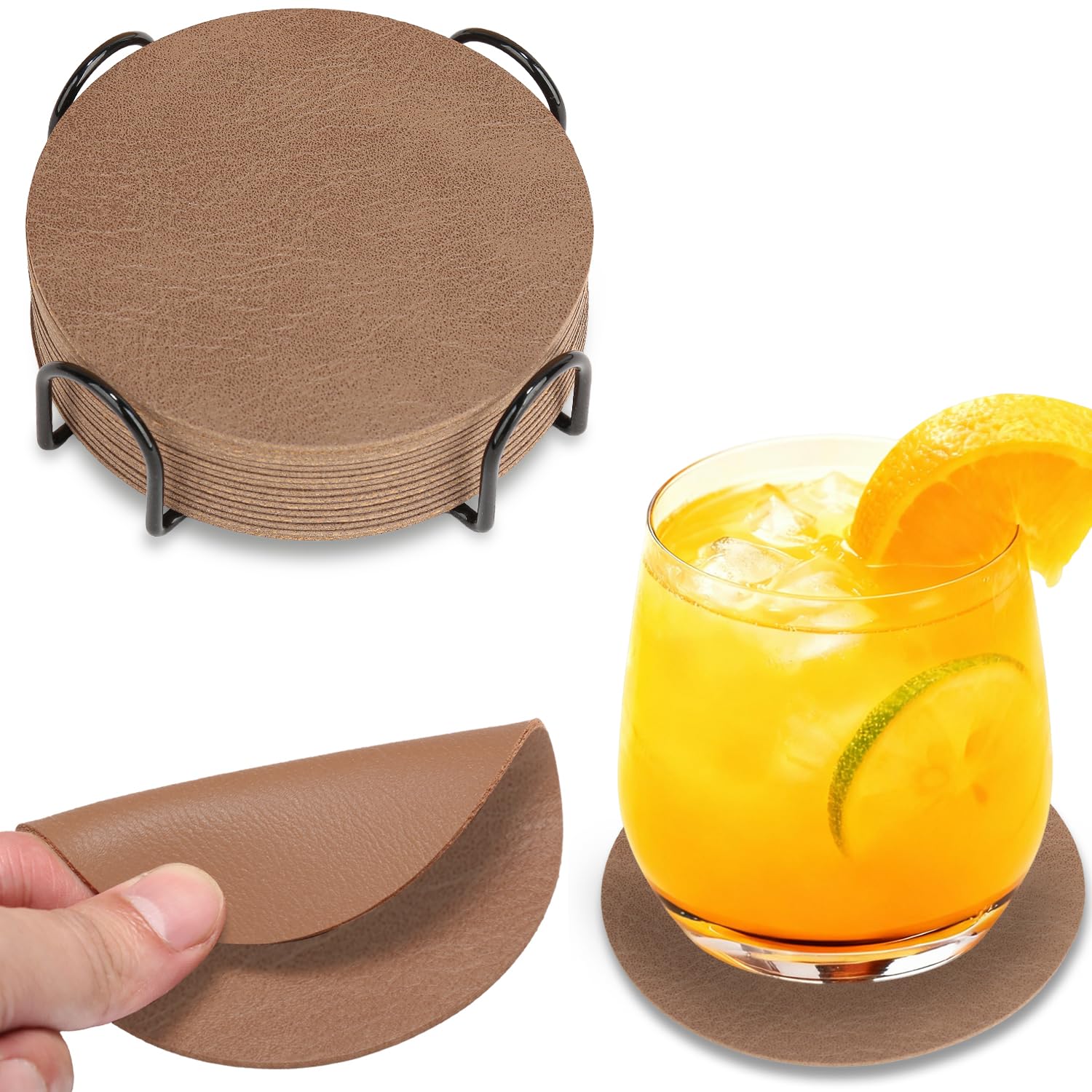 HELI MIAO 16 Stück Untersetzer Gläser, Doppelseitige Glasuntersetzer aus Kunstleder – Rund, rutschfest & hitzebeständig – Inkl. Aufbewahrungsständer (10cm, Braun) – Für Tisch, Bar, Outdoor