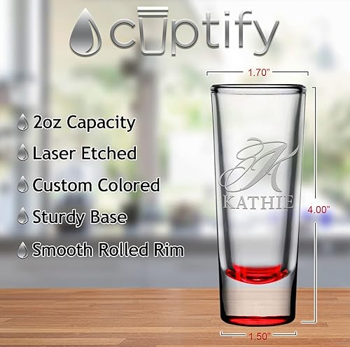 Miniatura 2 de Vasos personalizados con letra inicial y nombre, 2 onzas, fondo rojo, vaso de chupito alto grabado para tequila con texto personalizado, regalo de