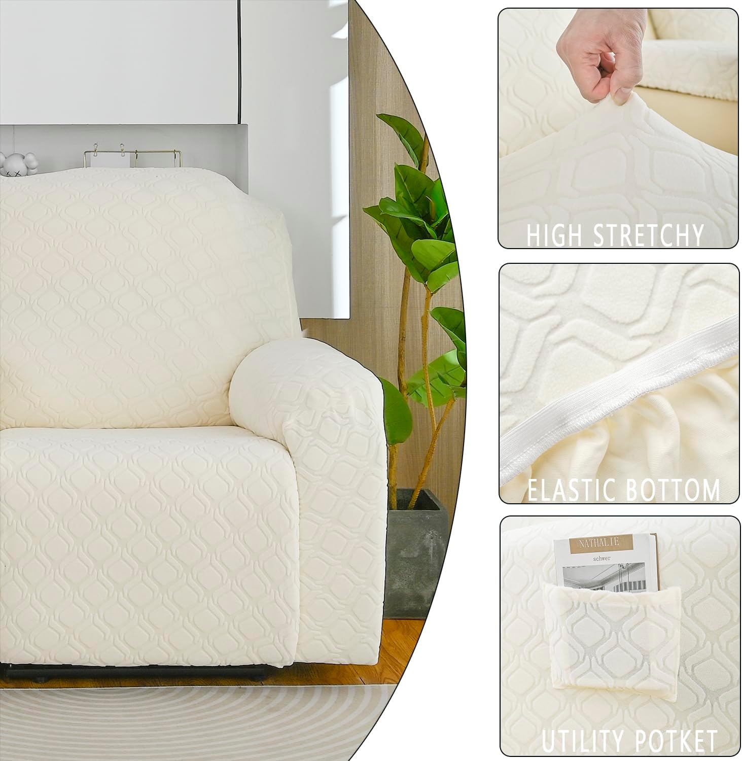 MIFXIN Recliner Cover 4-Piece Stretch 1 Seat Reclining Couch Slipcover Soft Elastic Jacquard Recliner Chair Cover Furniture Protector for Kids Pets (Beige)