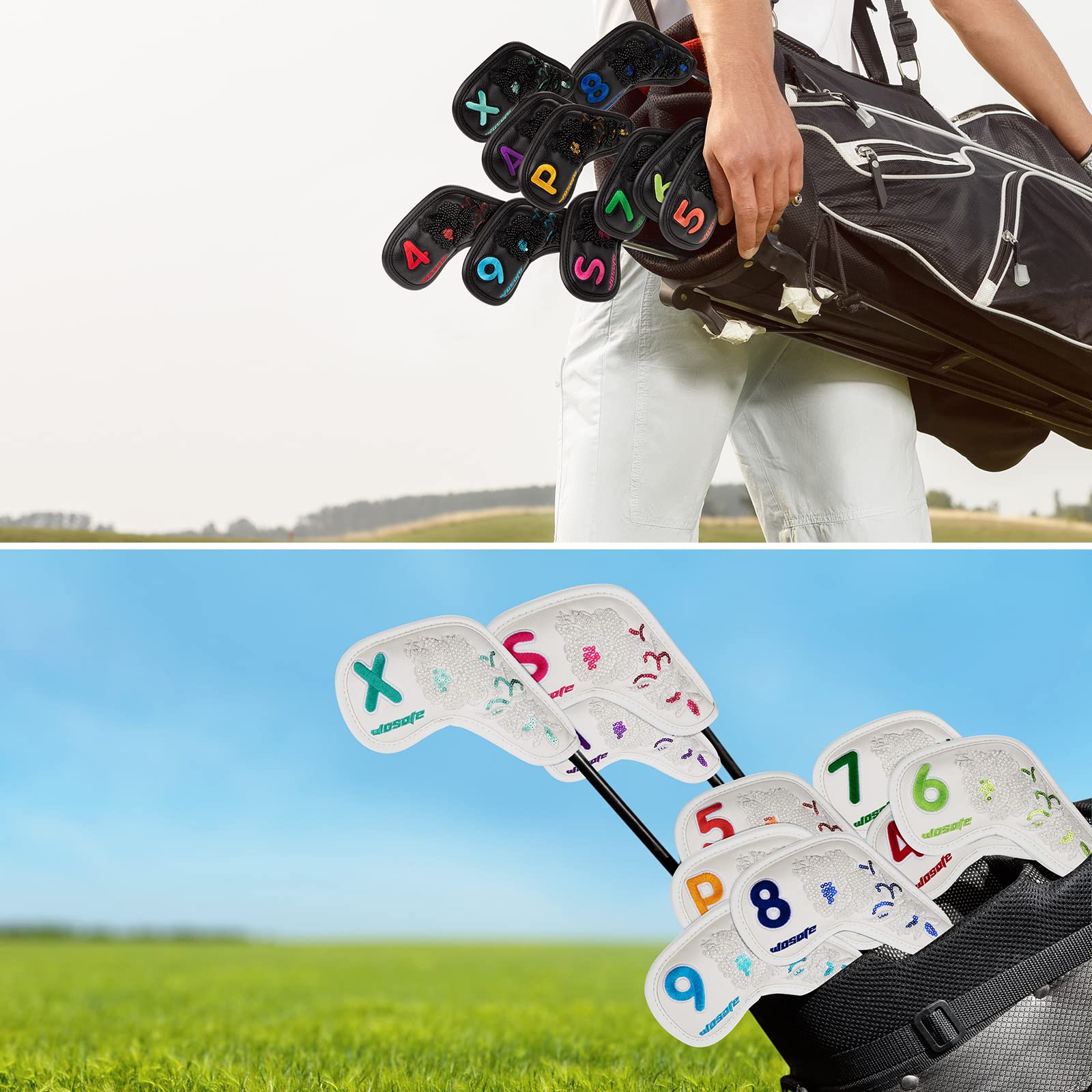 10 Teile/Satz Golf Eisen Headcovers PU Pailletten Stickerei Weiches Plüschfutter Schutzhülle Kopfbedeckung Magic Tape Verschluss Sportzubehör,Black