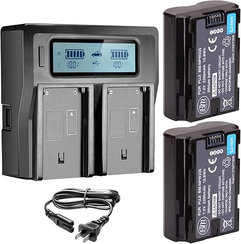 Miniatura 1 de BM Premium Paquete de 2 baterías NP-W235 y cargador de batería LCD de doble bahía para cámaras Fujifilm X-S20, X-T4, X-T5, X-H2S, GFX 50S II, GFX