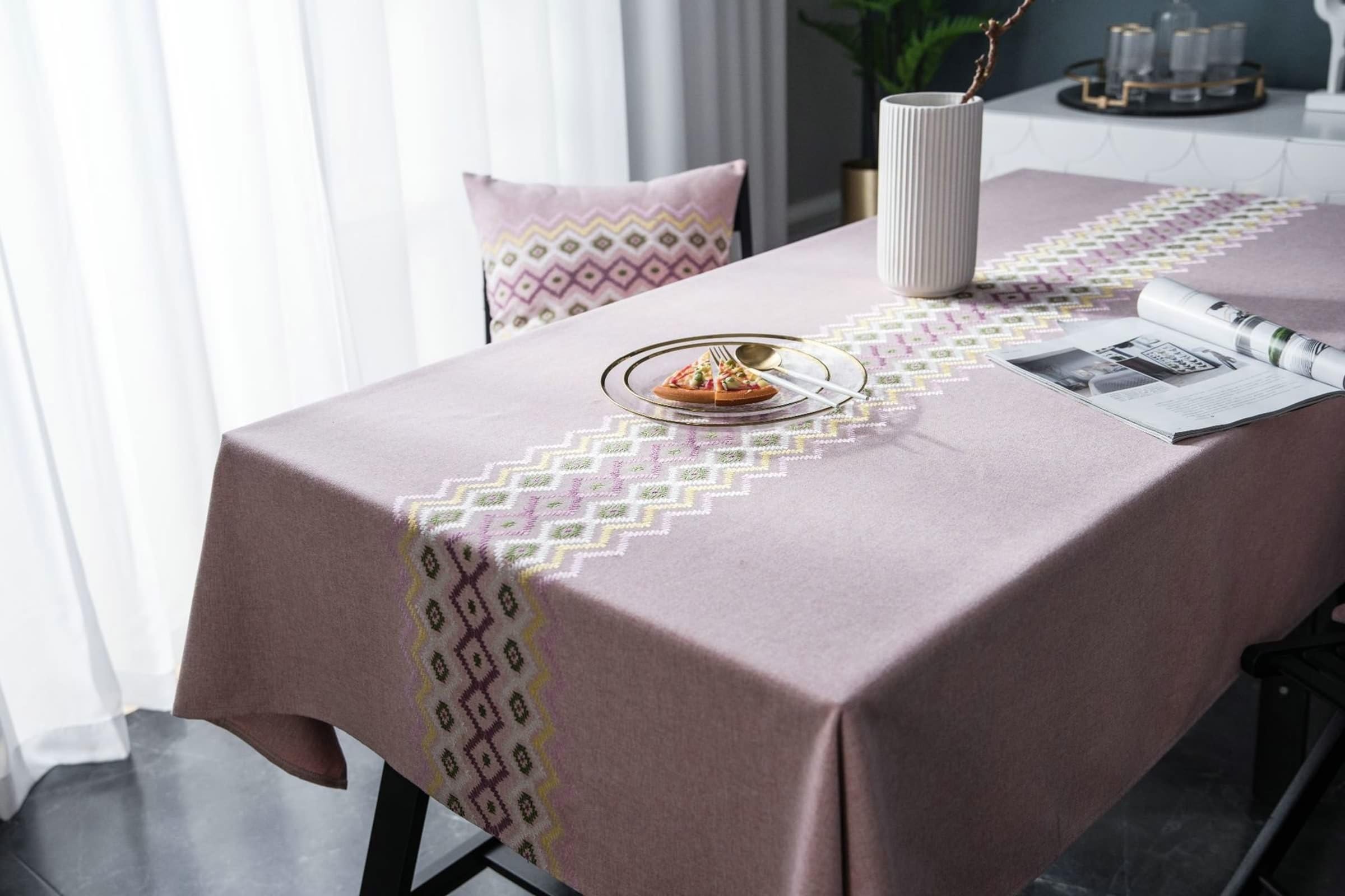 Tablecloth różowy, bawełna len zmywalny obrus haft obrus prostokątny 100 x 160 cm