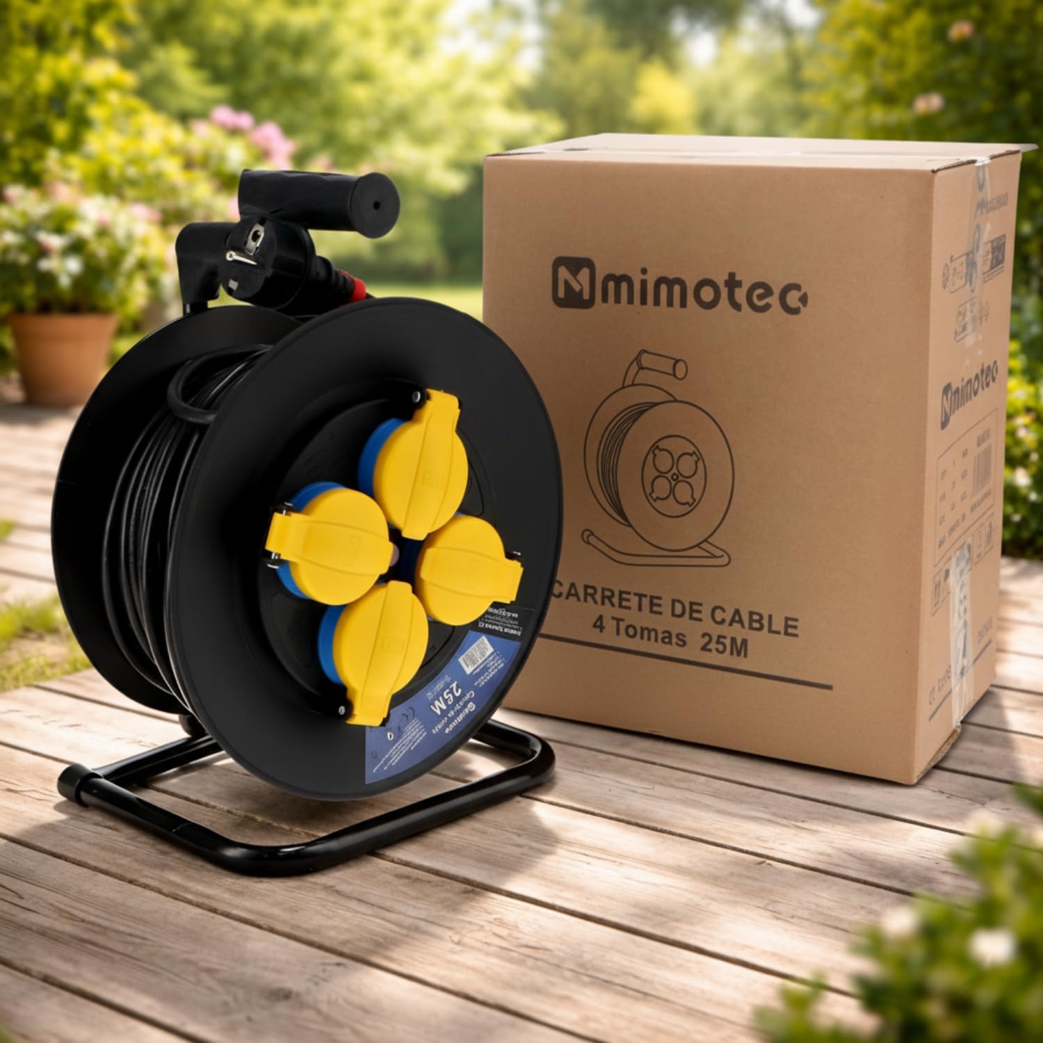 M mimotec - Avvolgicavo da Esterno 25m IP44 4 Prese 3200W 16A, Cavo H05RR-F 3G1,5 mm², Protezione Bambini, Ideale per Giardino, Cantiere e Officina