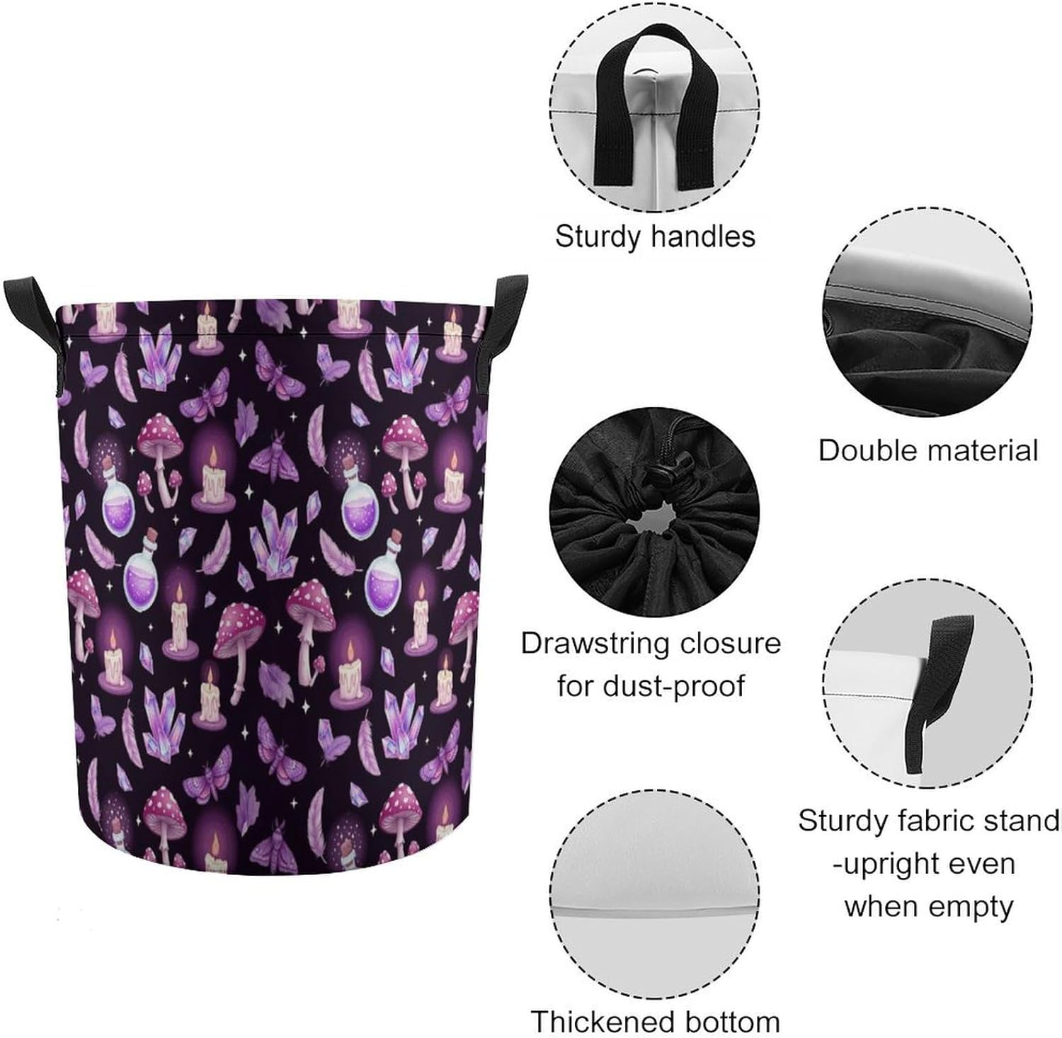 Laundry Baskets Large Waterproof Laundry Hamper, Gothic Magic Witch Witchy Trippy Purple Mushrooms Round Storage Baskets, Easy Carry for College Dormitory Living Room Bathroom