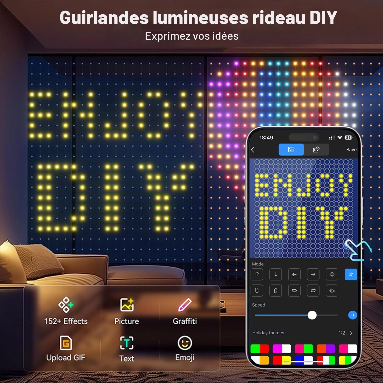 Smart rideau lumineux, 400 LED changement de couleur rideau lumineux USB télécommande app Control musique sync LED lumière DIY fenêtre lumière chambre salon décoration de Noël(2x2m)