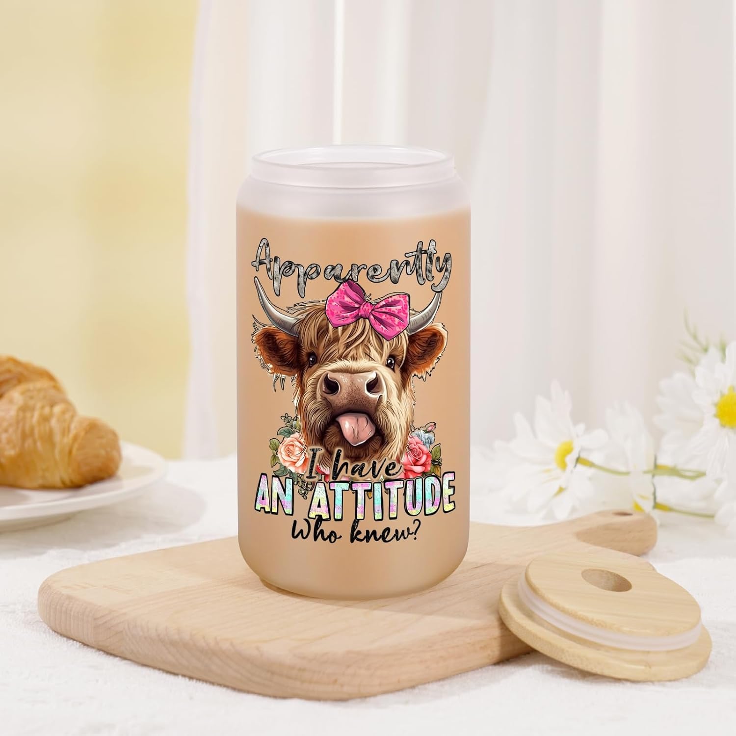 Fairy's Gift Funny Highland Cow Cup Tumbler, Cattle Print Stuff, Cute 16 oz Frosted Glass Coffee Cups with Lids Straws, Valentines, Birthday, Highland Cow Gifts for Women Girls Cattle Lovers Cowgirls - Image 7