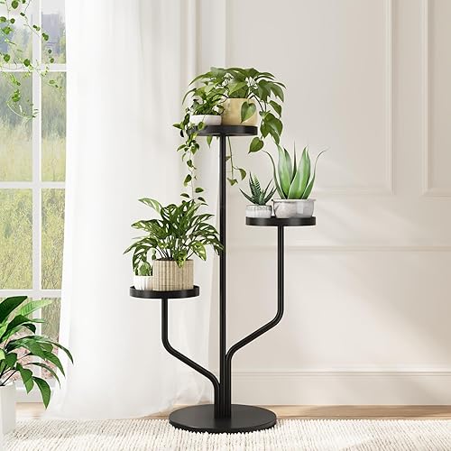 Bamworld - Soporte de plantas de 3 niveles para interior y exterior, estante de metal para múltiples macetas, soporte alto para flores para sala de