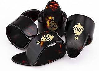 Pick Geek Finger and Thumb Pick Set | 1 x Celluloid Thumb Pick | 3 x Celluloid Finger Picks | Medium Size | Tortoiseshell Colour | Includes Draw-String Linen Bag for Safe Keeping | Gifted in Kraft Box