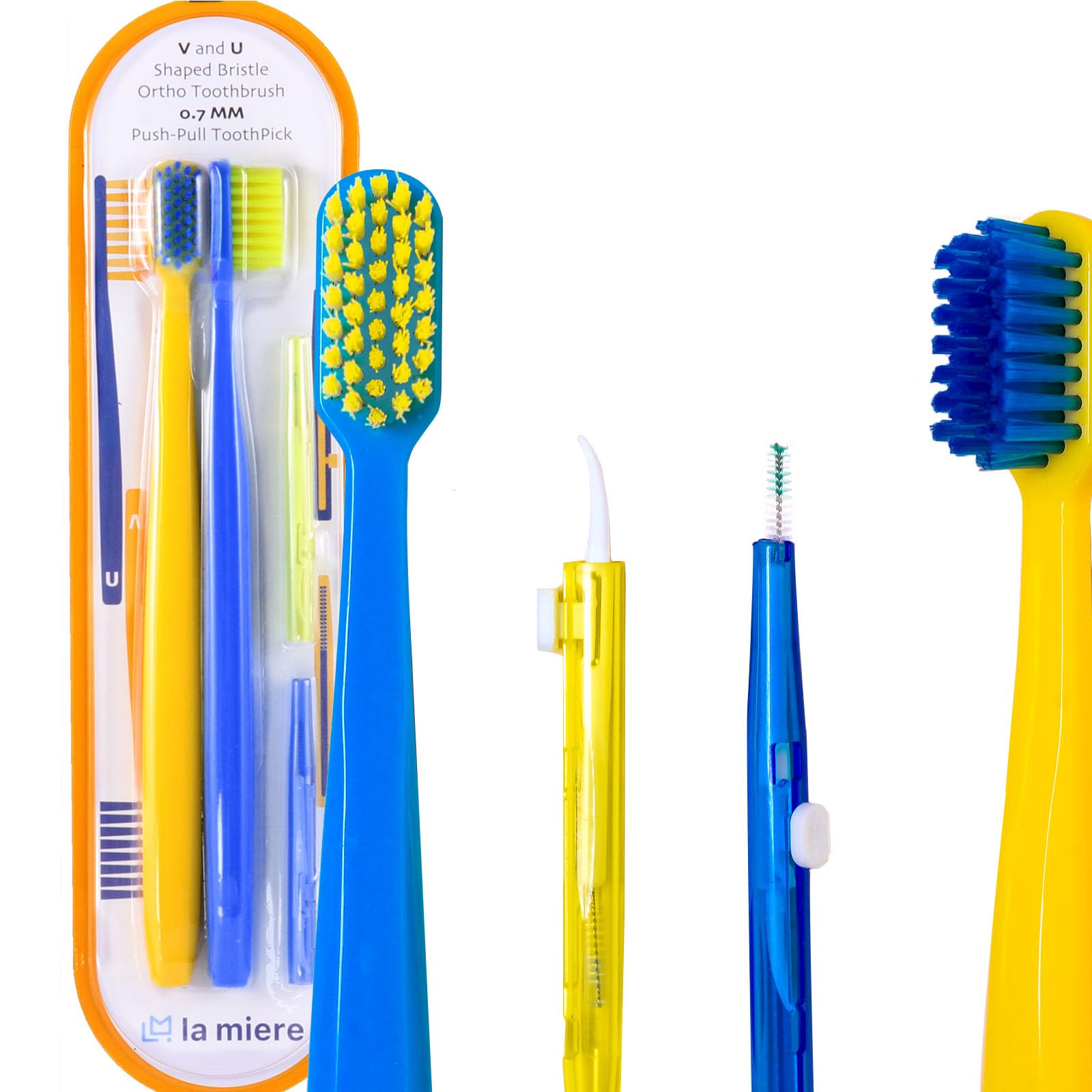 LA MIERE V-Shaped U-Shaped Orthodontic Toothbrush Soft Bristle 2pcs with Telescopic Intertooth Brush 2pcs Cepillo Ortodoncia 1 Set