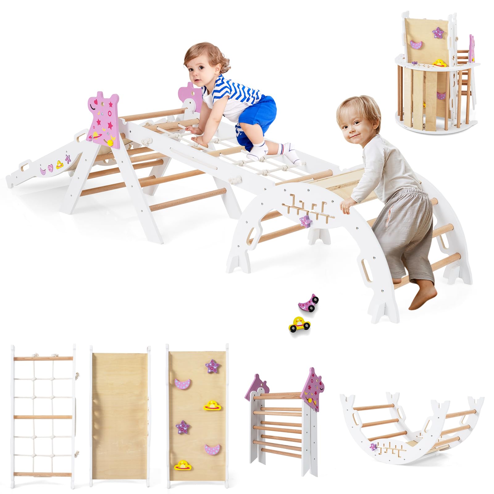 RELAX4LIFE Set da Arrampicata per Bambini, Triangolo di Arrampicata con Scivolo e Arco, Gioco di Incastri in Legno, Gioco Montessori per Bambini 1+ Anni (Unicorno-4 Pezzi | Bianco)