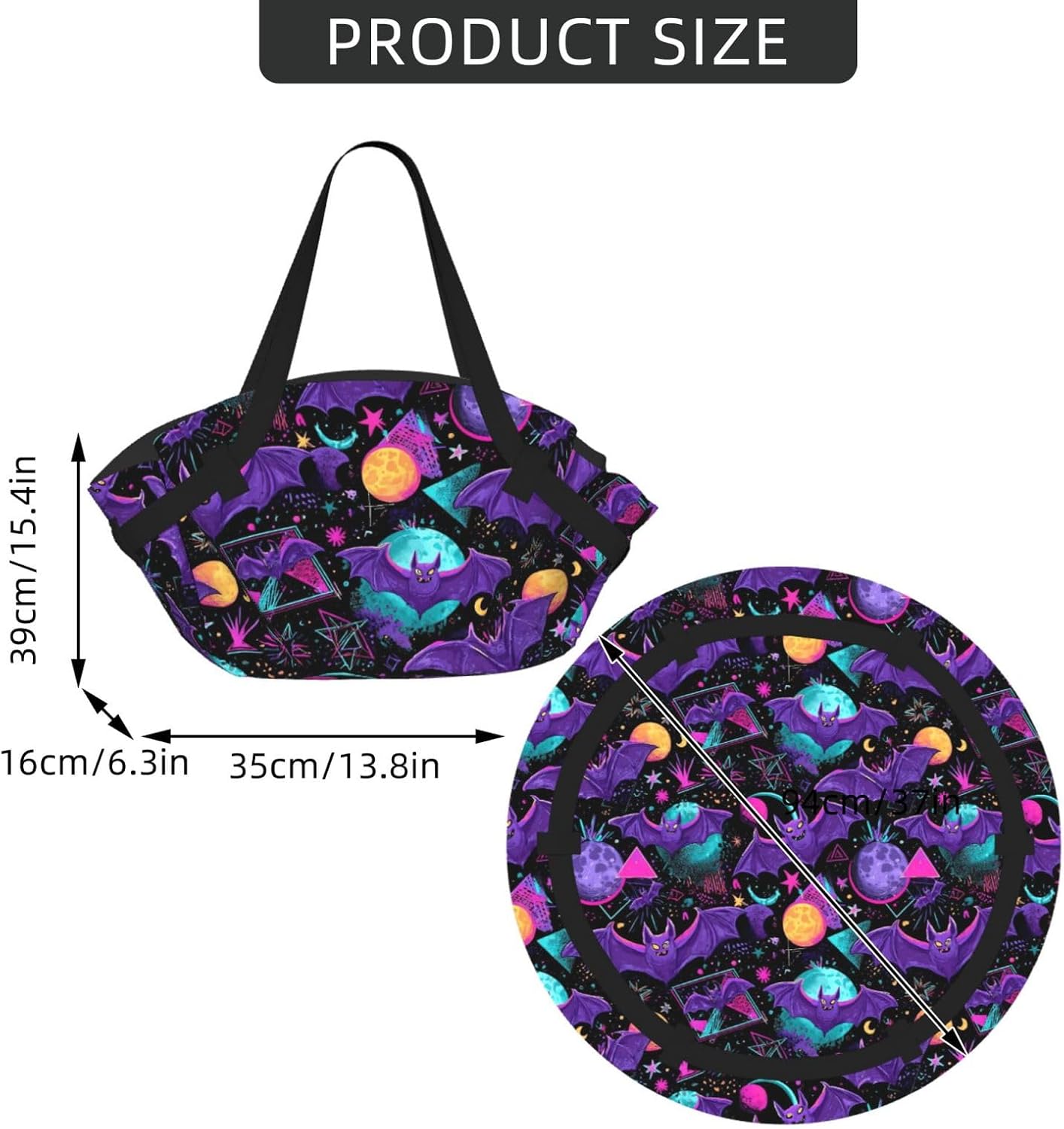Bat Purple Pattern Foldable Camping Tote Bag Picnic Blanket Bag Portable Beach Mat Tote Waterproof Outdoor Picnic Mat Carry Bag