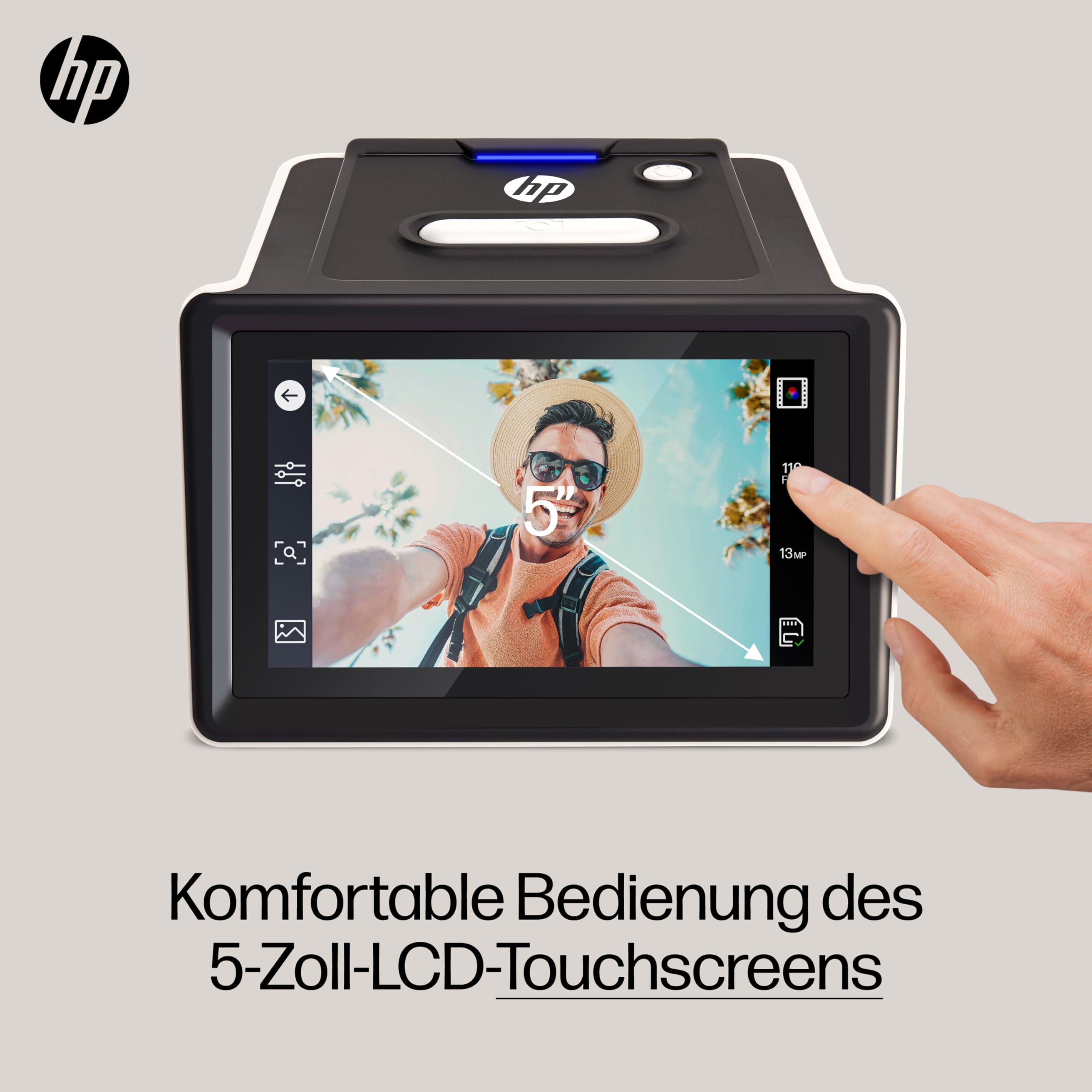 HP FilmScan Touchscreen-Film- und Diascanner mit 5-Zoll-LCD-Bildschirm, wandelt Negative und Dias schnell in Digitale 22-MP-JPEG-Fotos um, kompatibel mit 135er-, 126er- und 110er-Filmen und -Dias