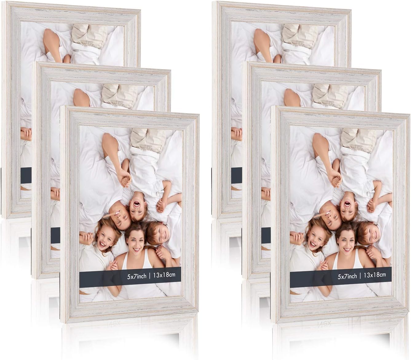 5x7 White Picture Frames - (6 Pack) Distressed Wood Textured Basic Designed Photo Frame with High Definition Glass For Table Top Display And Wall Hanging, Set Of 6