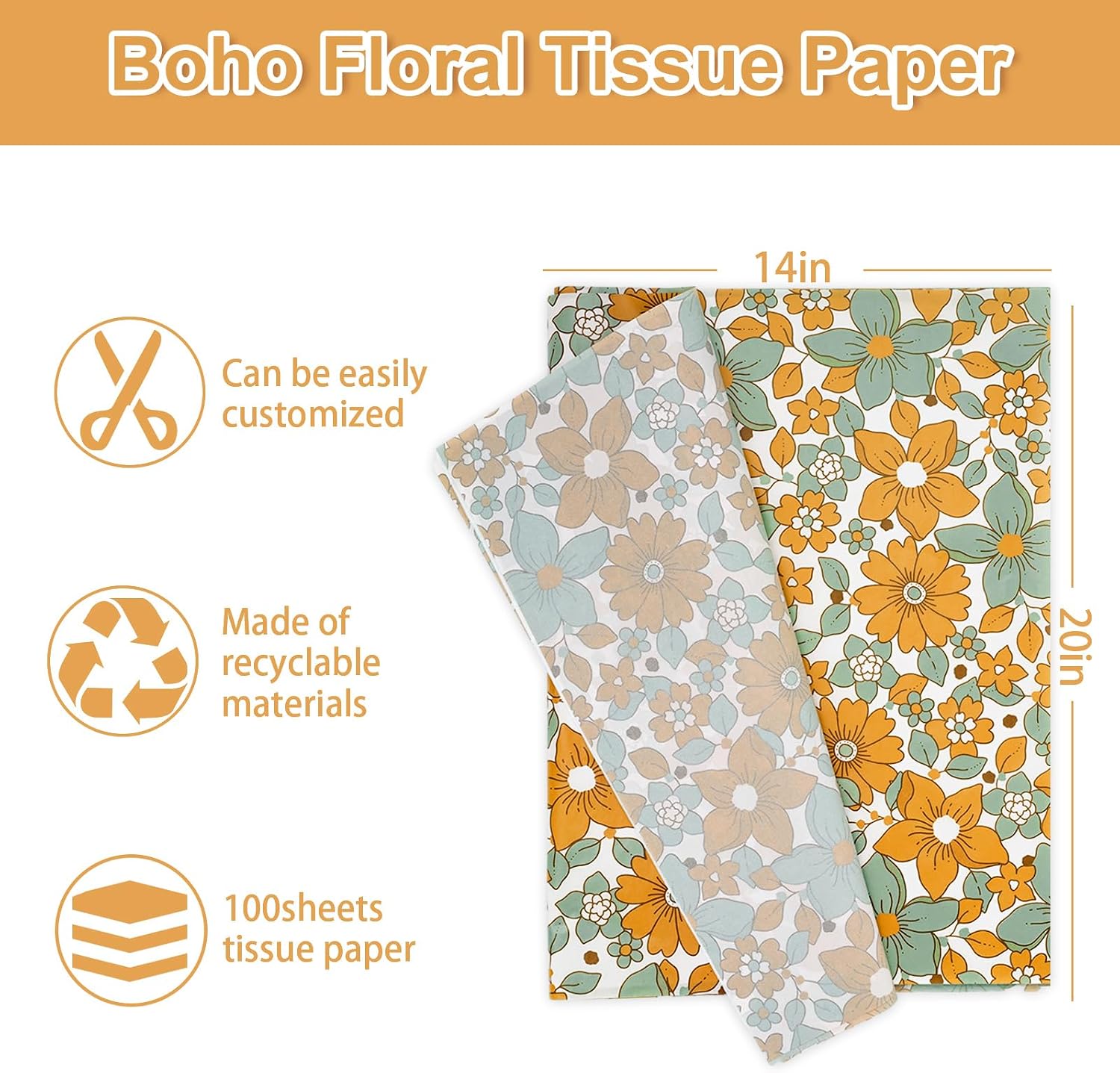 Whaline 100Pcs Boho Floral Tissue Paper Retro Boho Flower Gift Wrapping Paper Hippie Groovy Packaging Papers DIY Art Craft Papers for Home Wedding Baby Shower Birthday Party Gift Wrap, 14 x 20 Inch